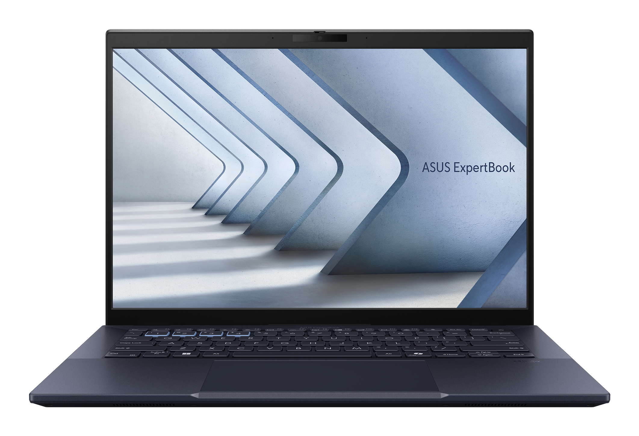 Laptop z białym i niebieskim tłem, otwarty, na białej powierzchni.