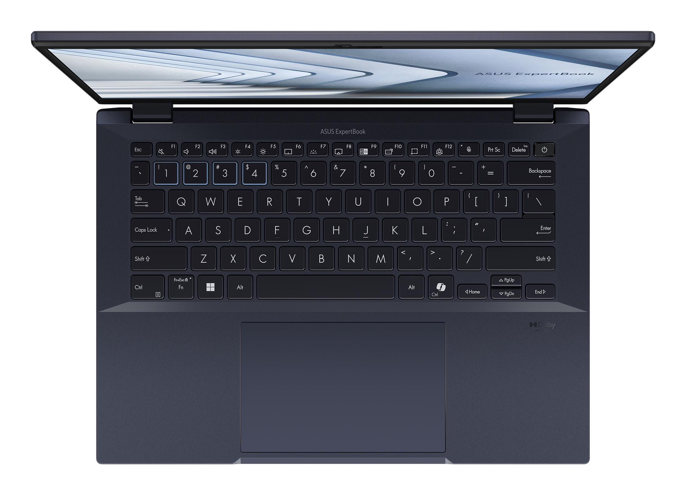 Widok z góry na laptop ASUS ExpertBook. Widoczna klawiatura i touchpad, z ciemnoniebieskim wykończeniem.