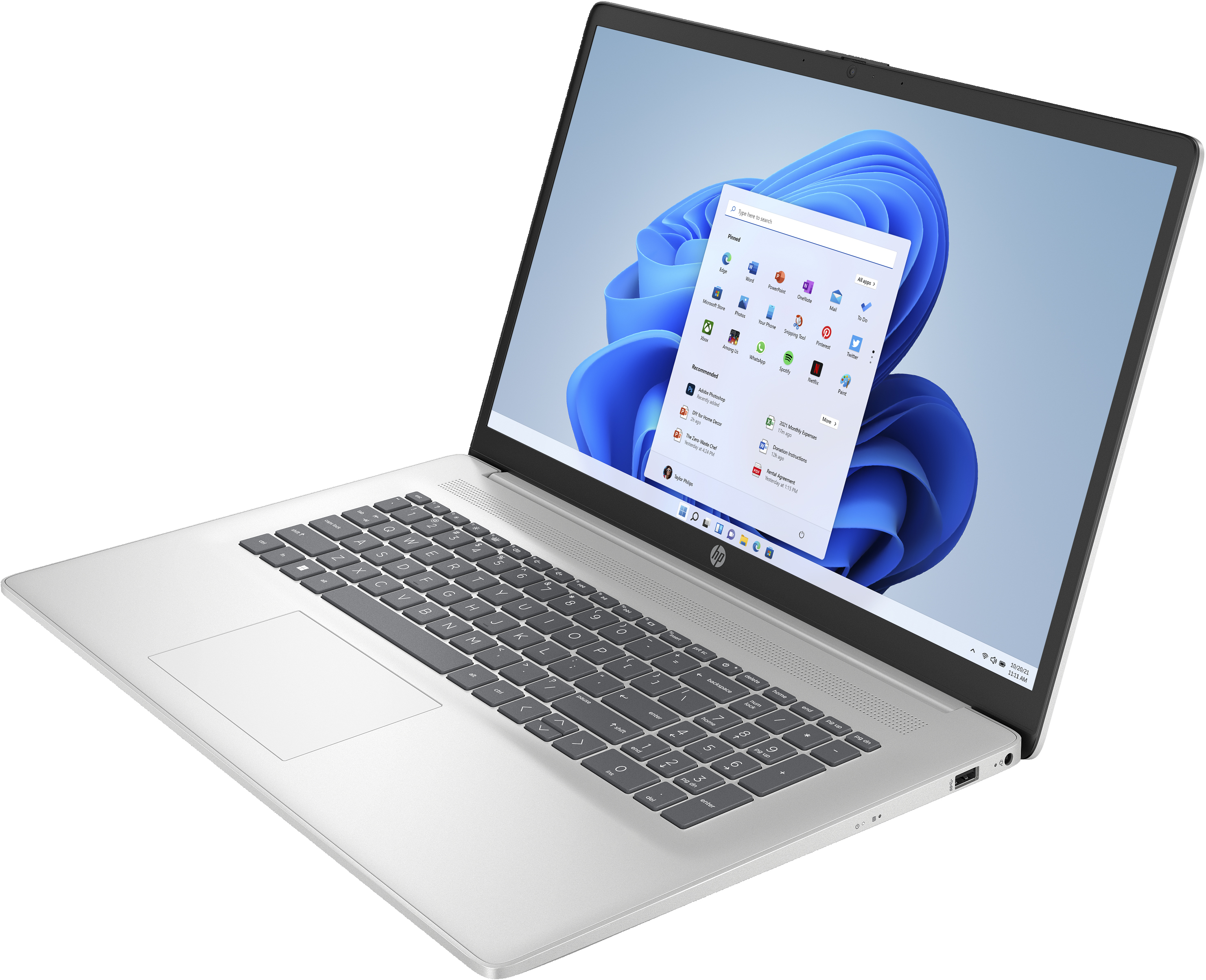 Silver laptop with Windows 11 screen. Open, angled view. White background. Gray keyboard.