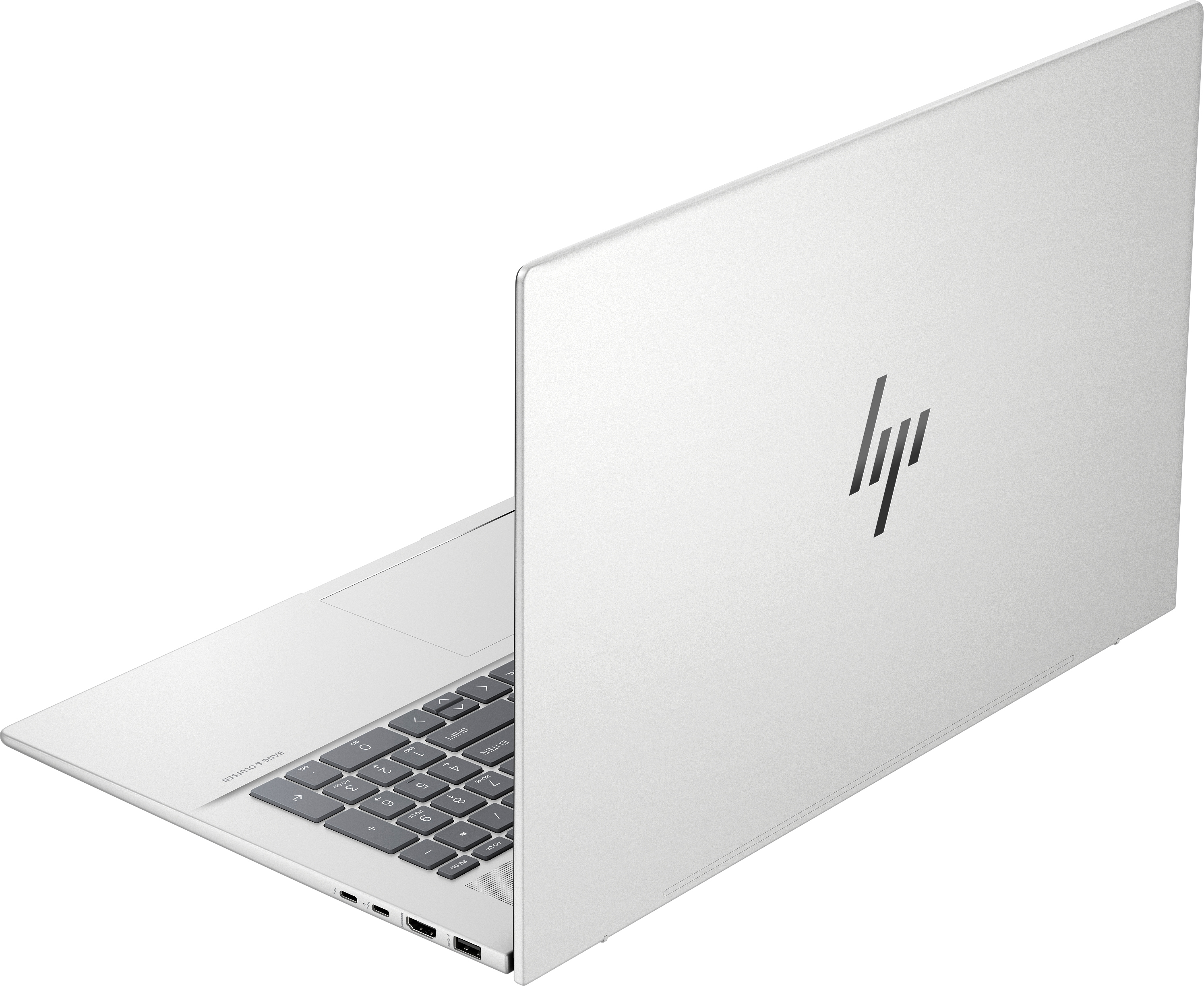 Weißer Laptop offen, zeigt die Rückseite mit einem HP-Logo und einer Tastatur.
