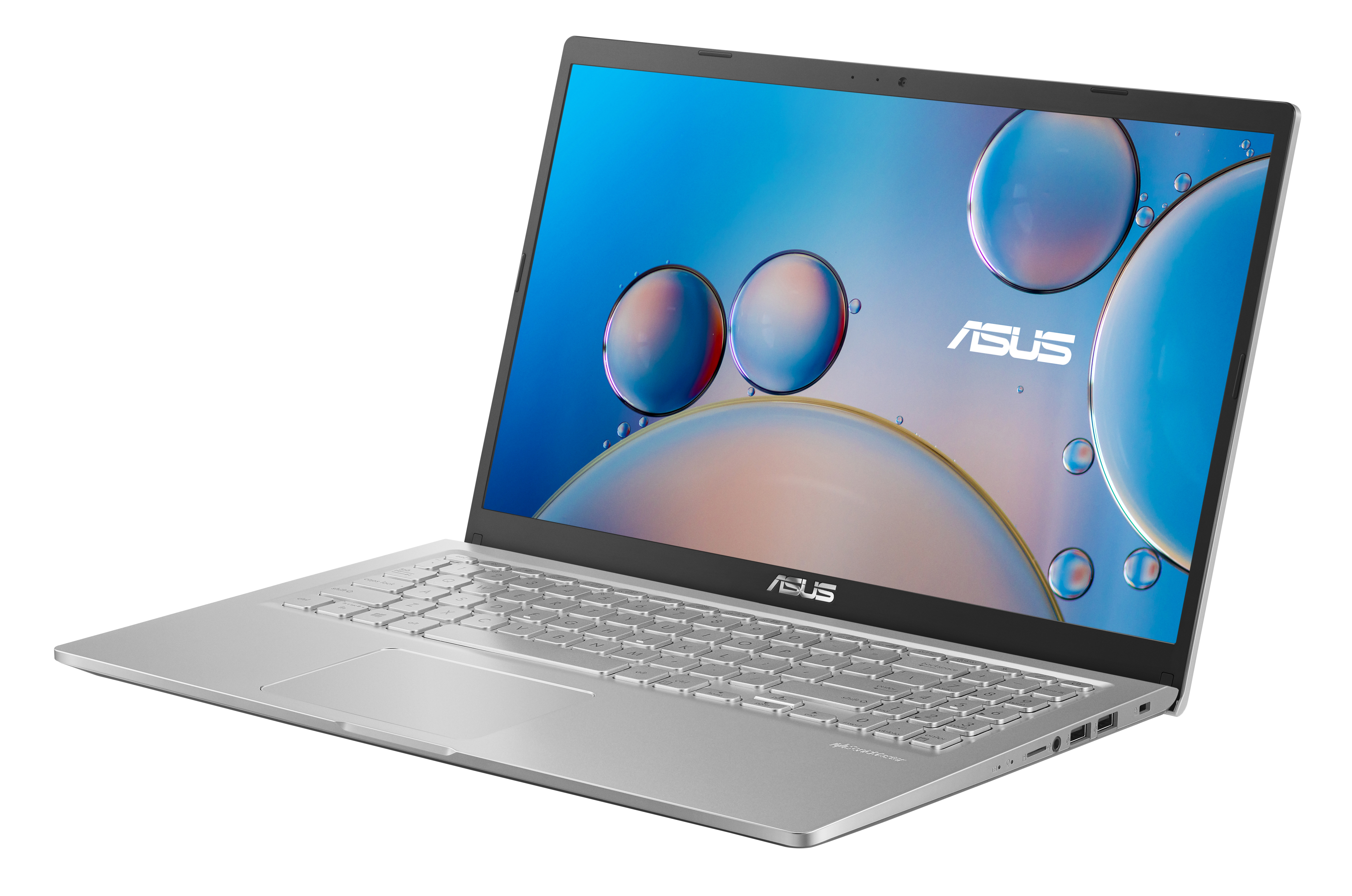 Laptop argentato con logo ASUS. Schermo mostra bolle su sfondo blu e giallo. Superficie bianca.