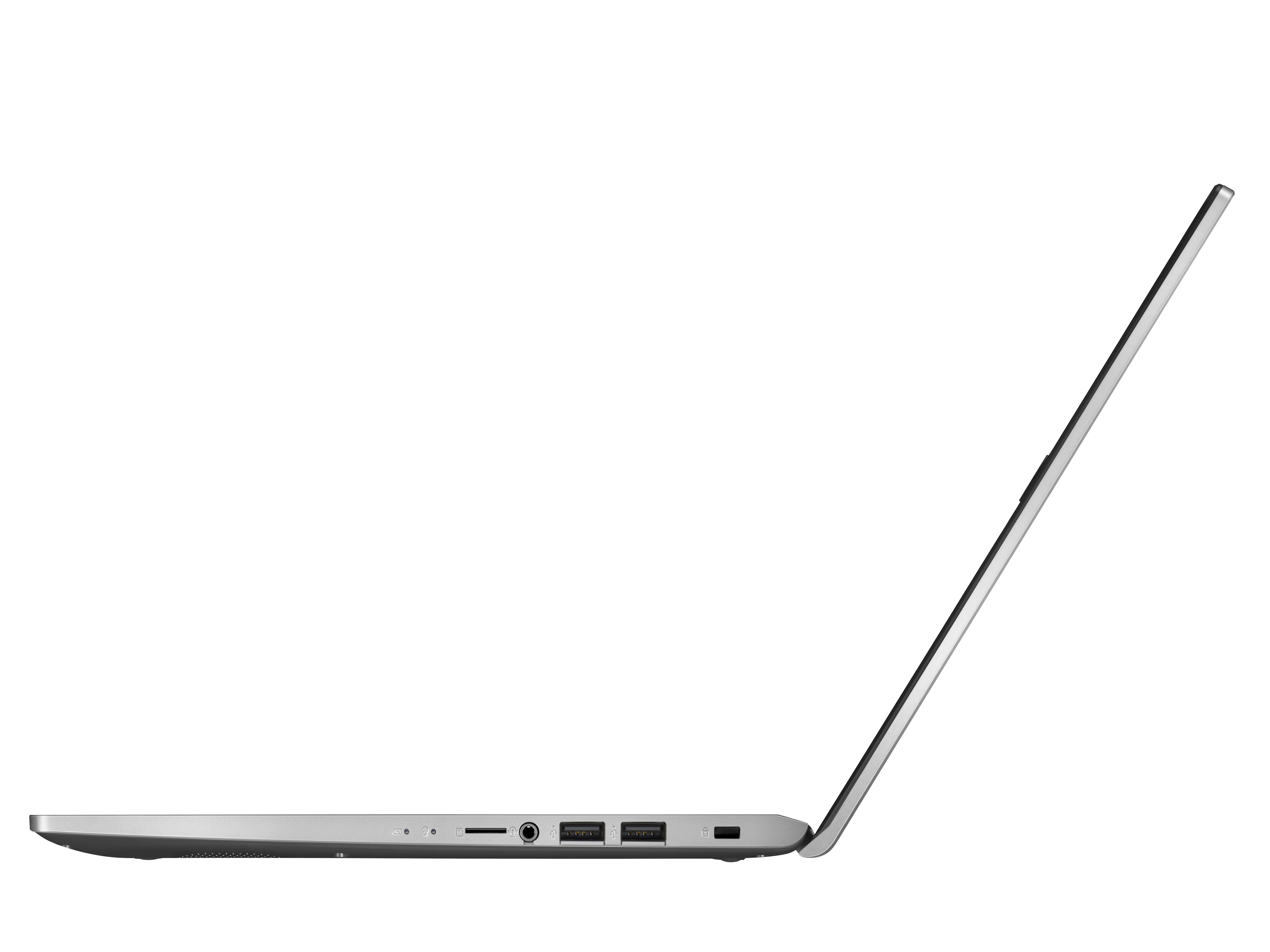 Vista laterale di un laptop argentato, parzialmente aperto, che mostra le porte.