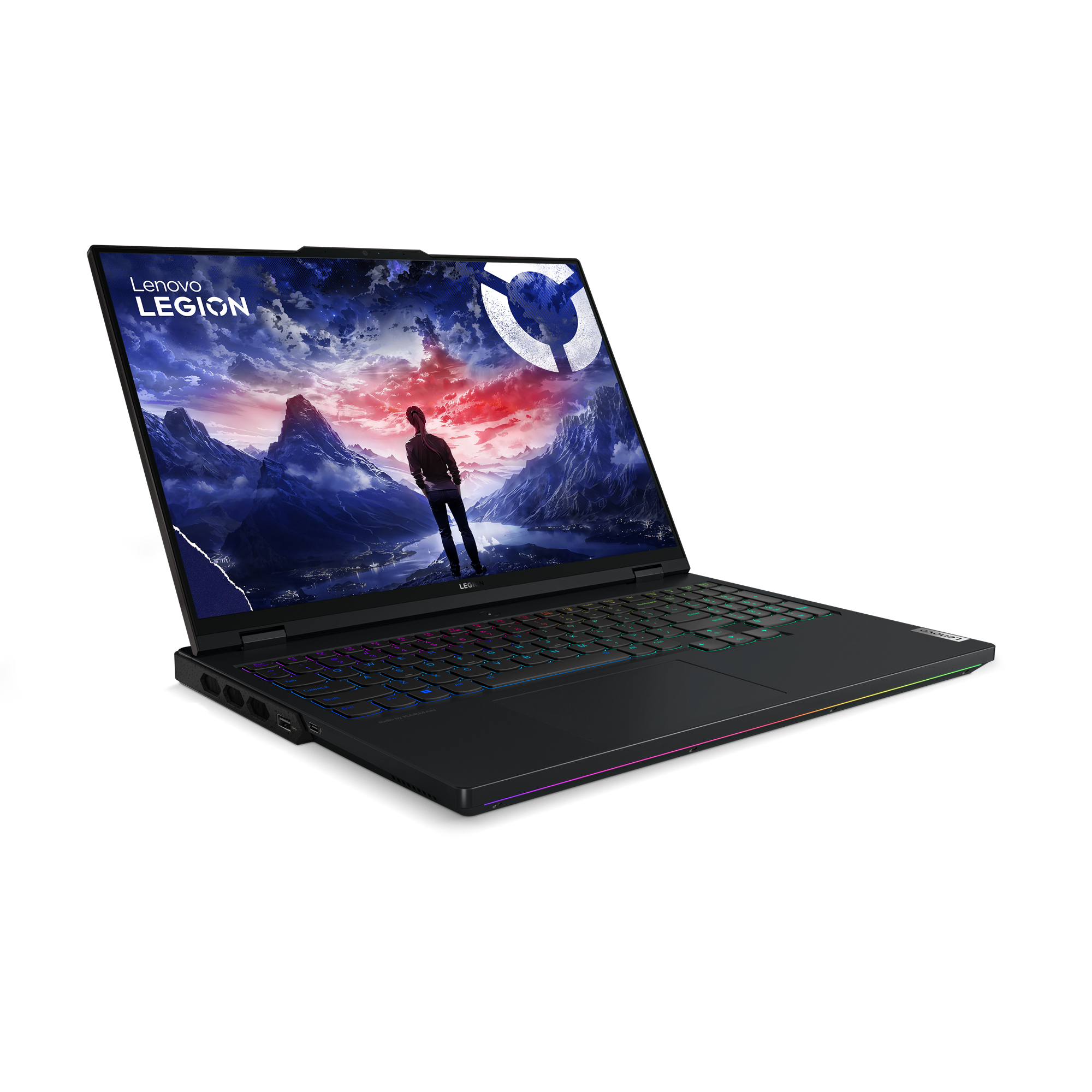 Schwarzer Lenovo Legion Laptop mit Berglandschaft, mehrfarbige Tastatur, weißer Hintergrund.