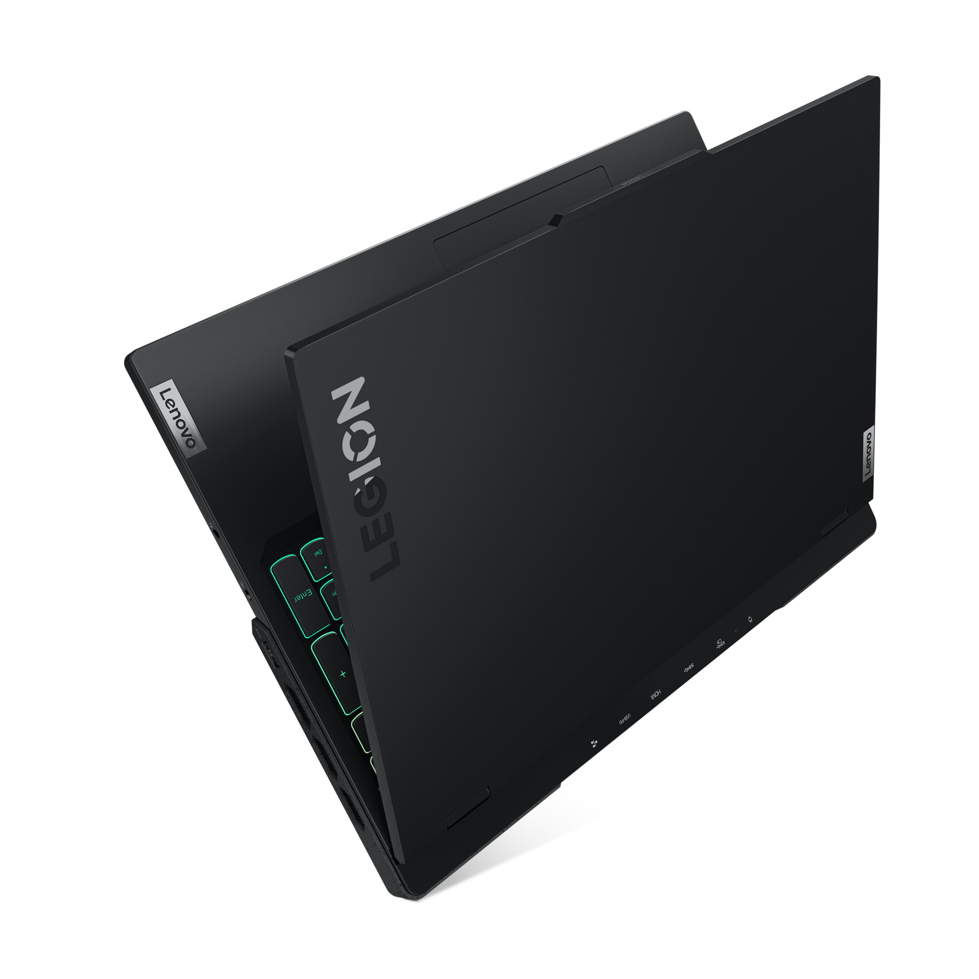 Schwarzer Lenovo Legion Laptop, geöffnet. Tastatur mit grüner Hintergrundbeleuchtung.