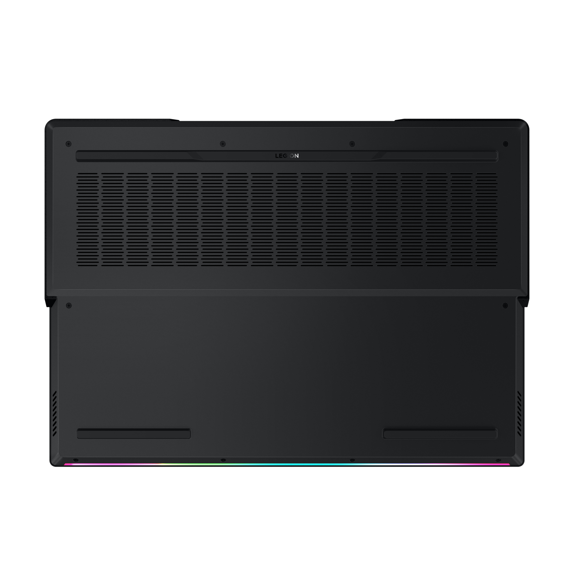 Ein schwarzer Laptop mit einem farbenfrohen Lichtstreifen an der Unterseite, Unteransicht.
