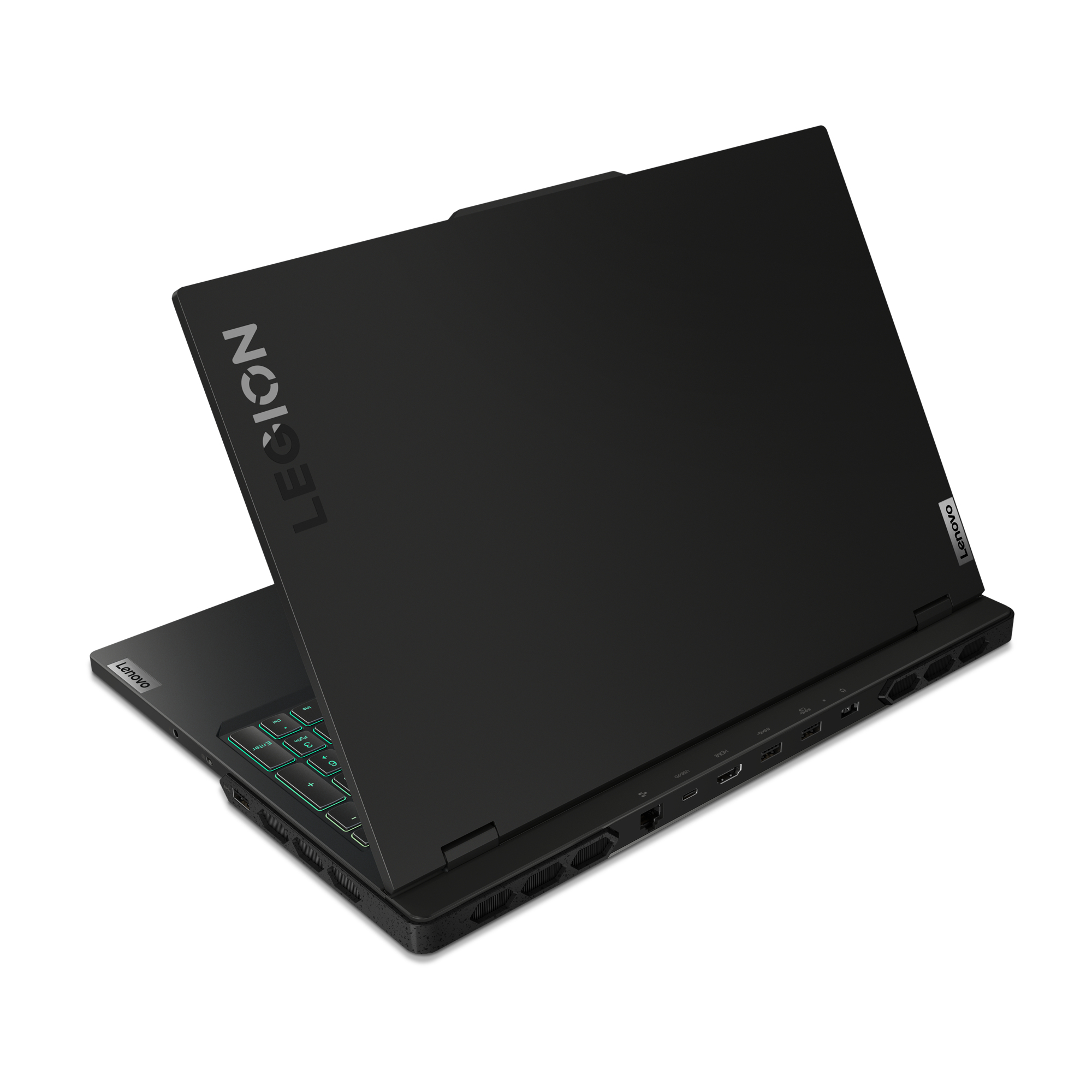 Schwarzer Laptop mit Legion-Logo oben, offen auf weißer Oberfläche, Tastatur grün beleuchtet.