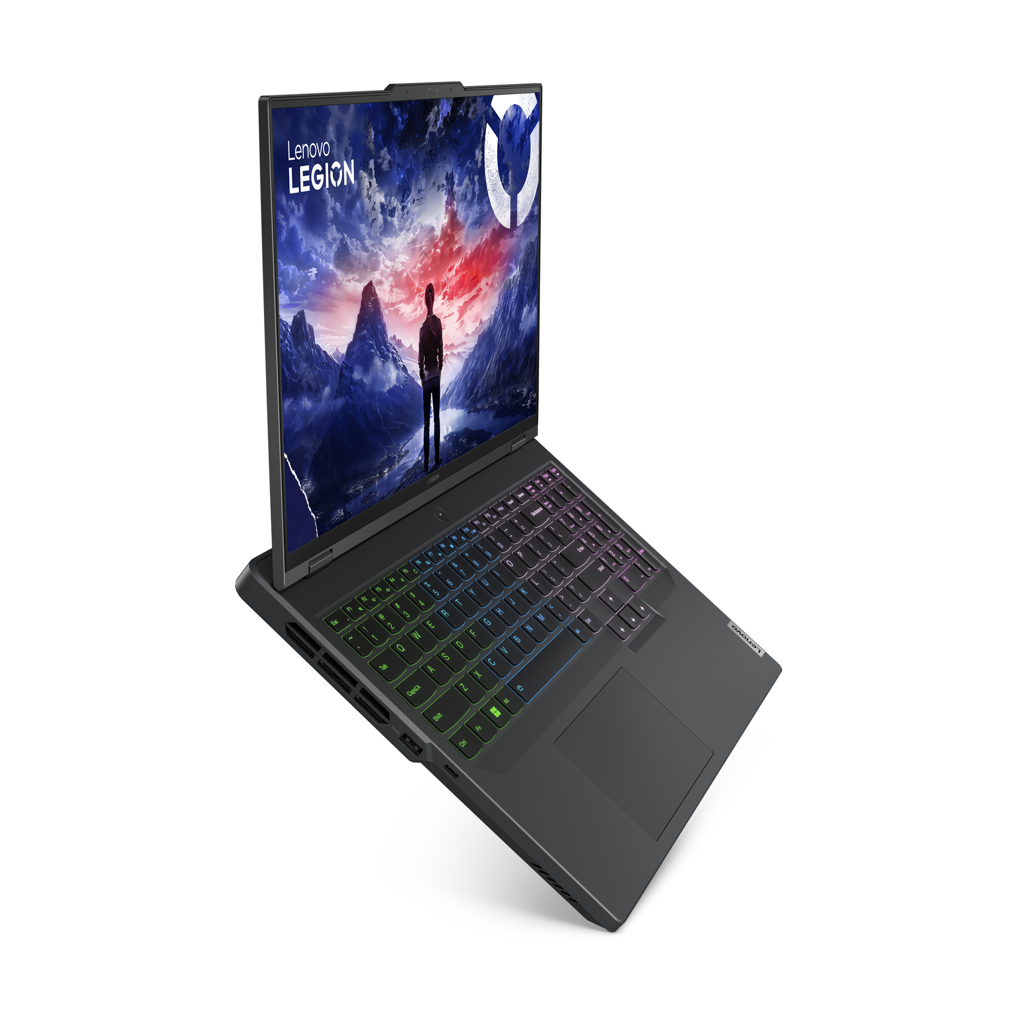 Un laptop con schermo di gioco, con una persona in piedi su una montagna.