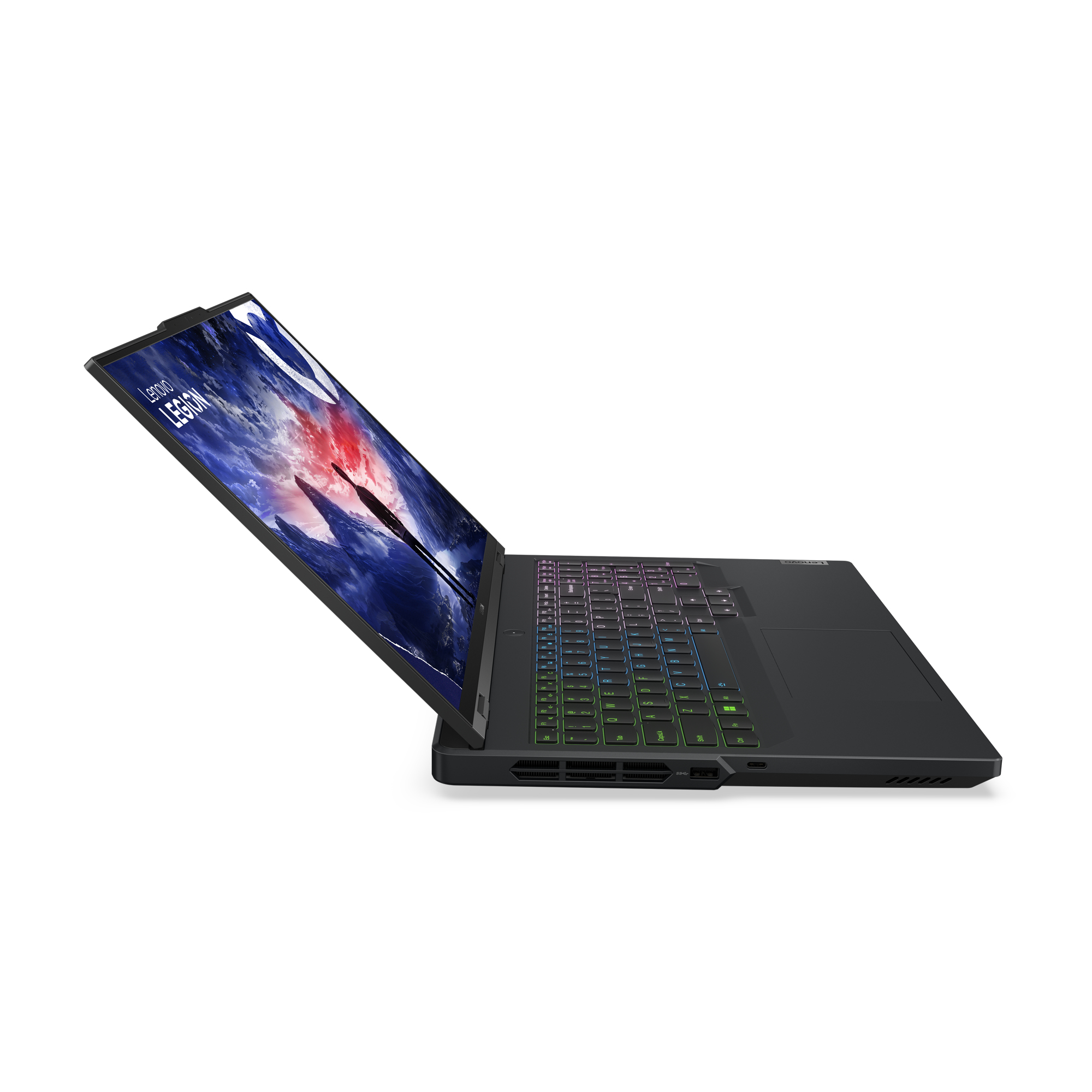 Un laptop nero con tastiera colorata e schermo di gioco è aperto.