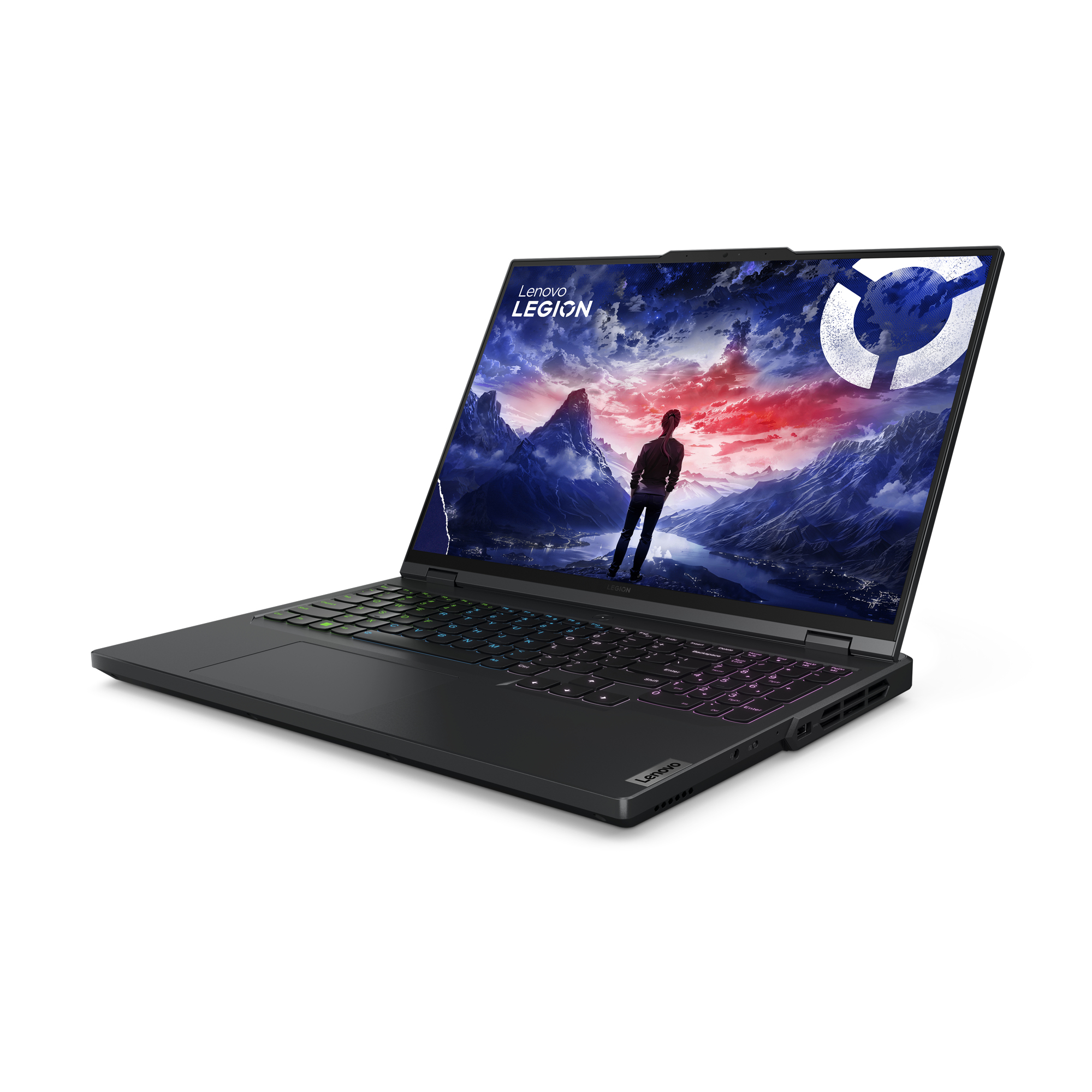 Laptop nero con schermo che mostra la silhouette di una persona in una scena di montagna. 'Lenovo Legion' sul coperchio.
