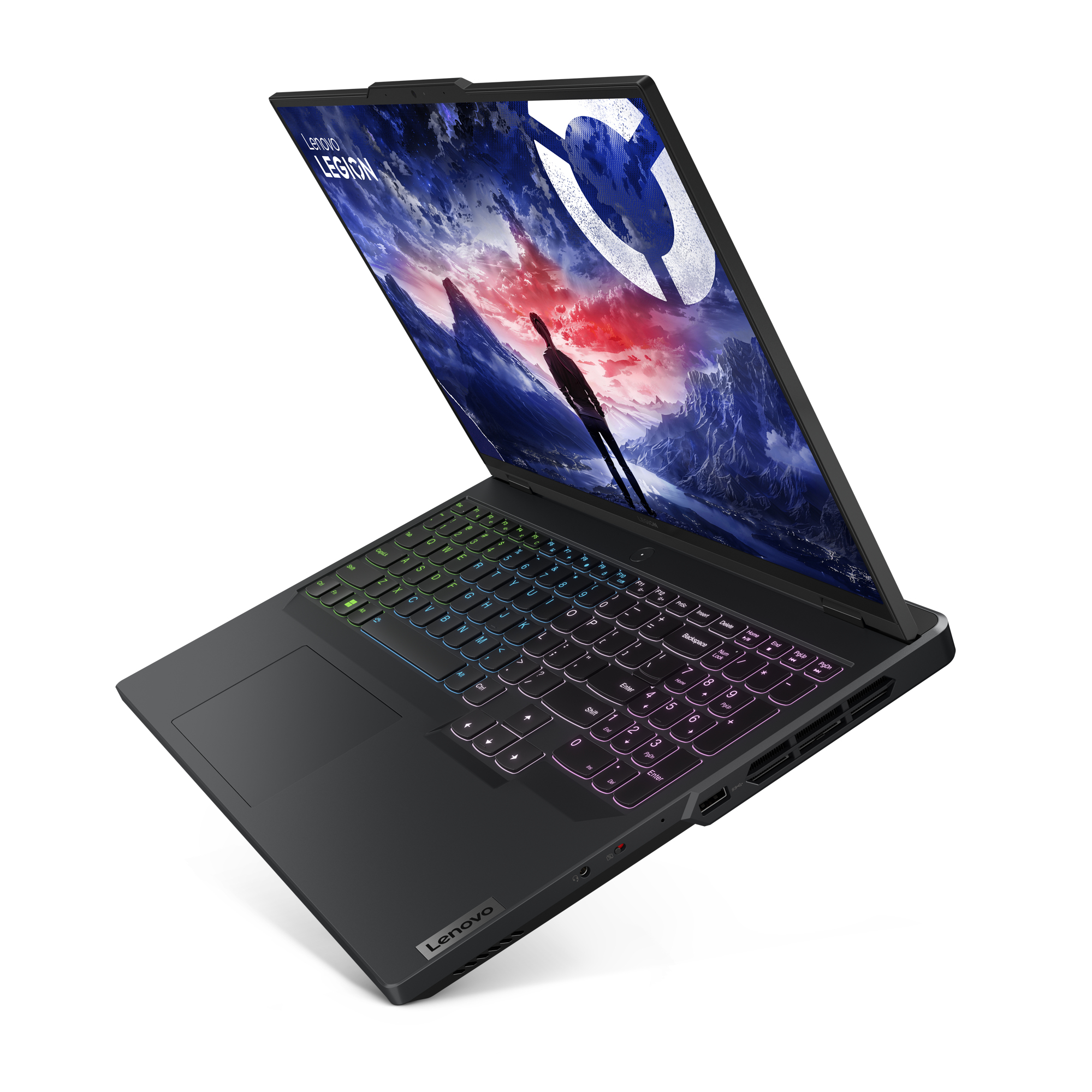 Laptop Lenovo Legion nero con tastiera colorata. Lo schermo mostra una grafica.