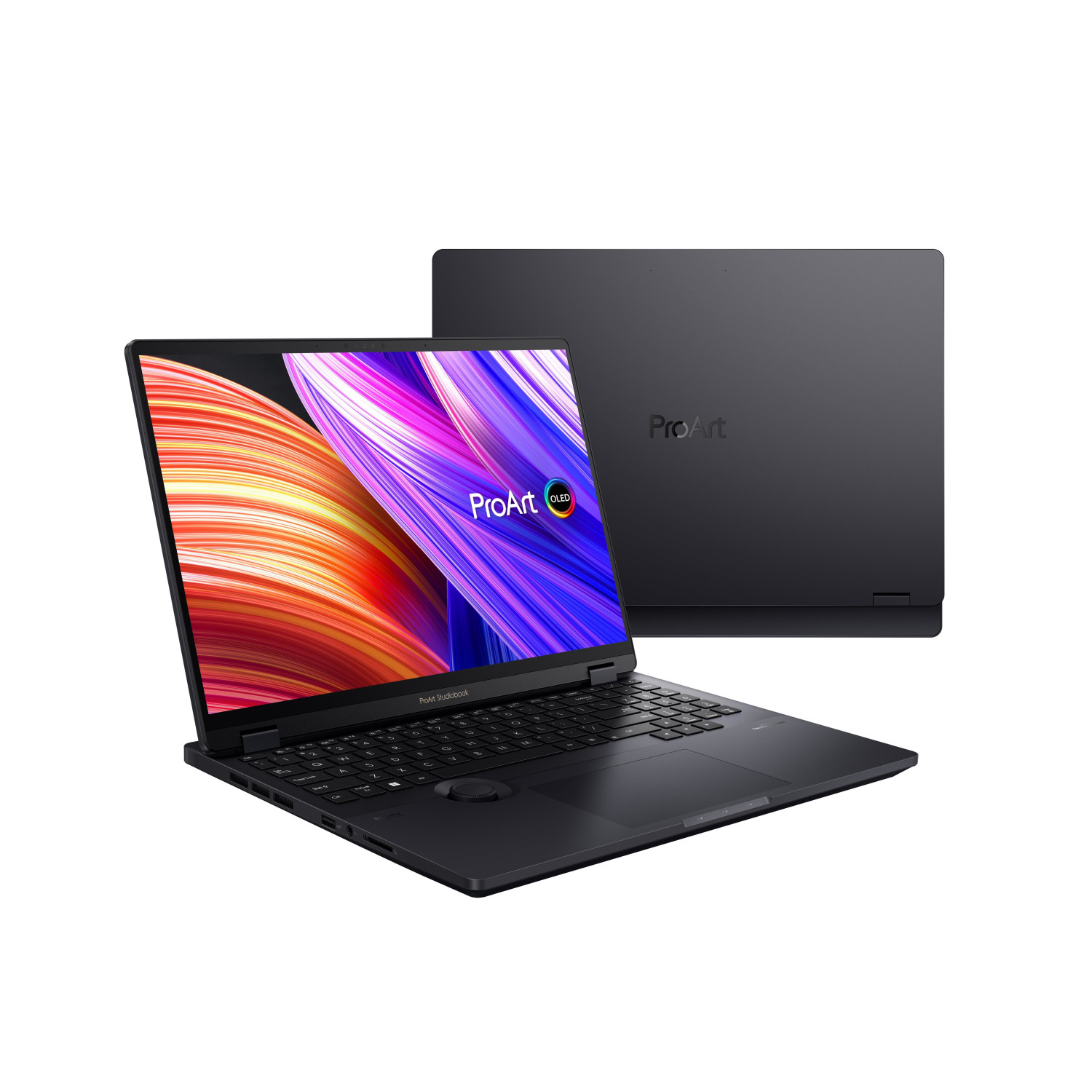 Laptop nero con schermo aperto. Lo schermo mostra un'immagine colorata.