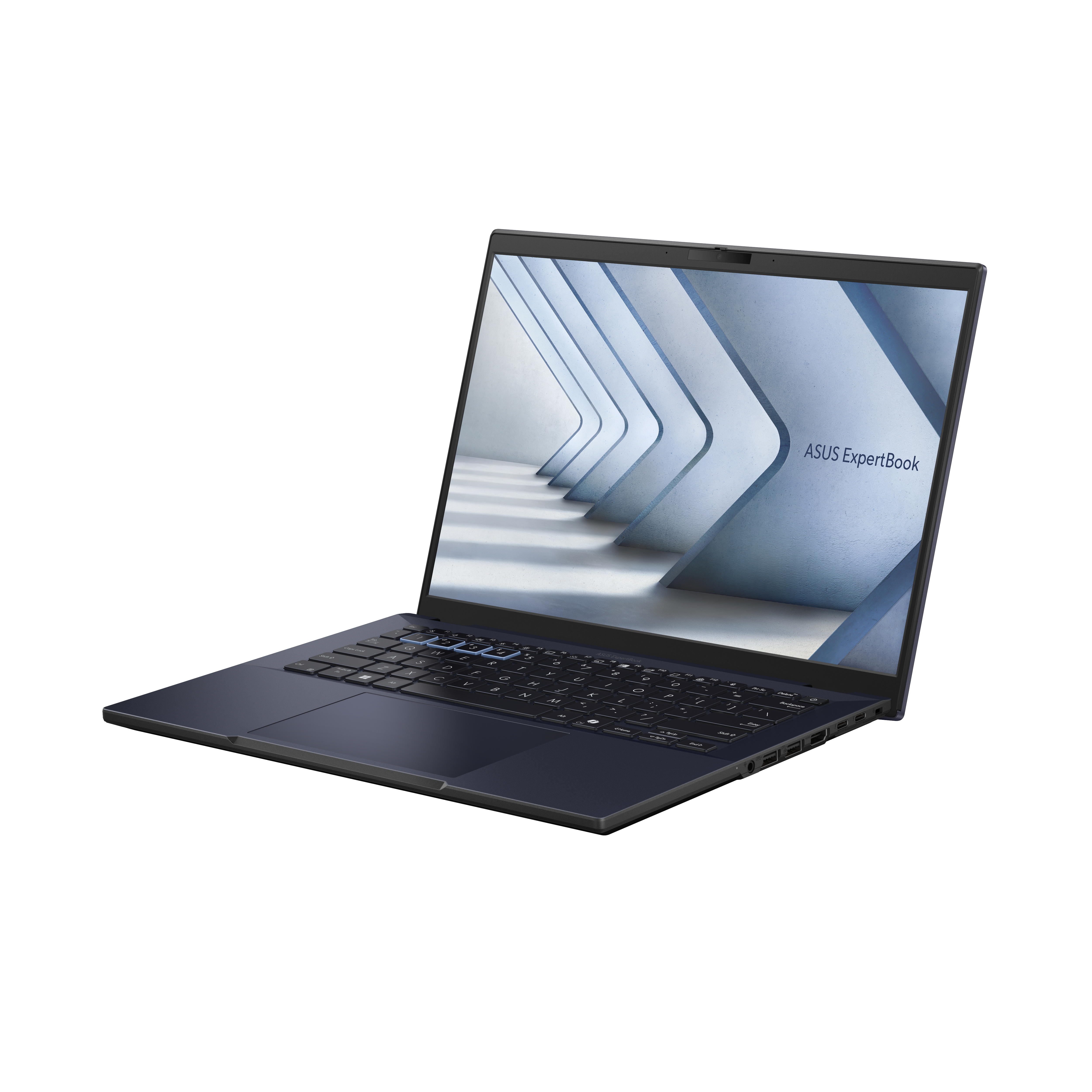 Un laptop blu navy aperto su una superficie bianca, che mostra una grafica azzurra sullo schermo.
