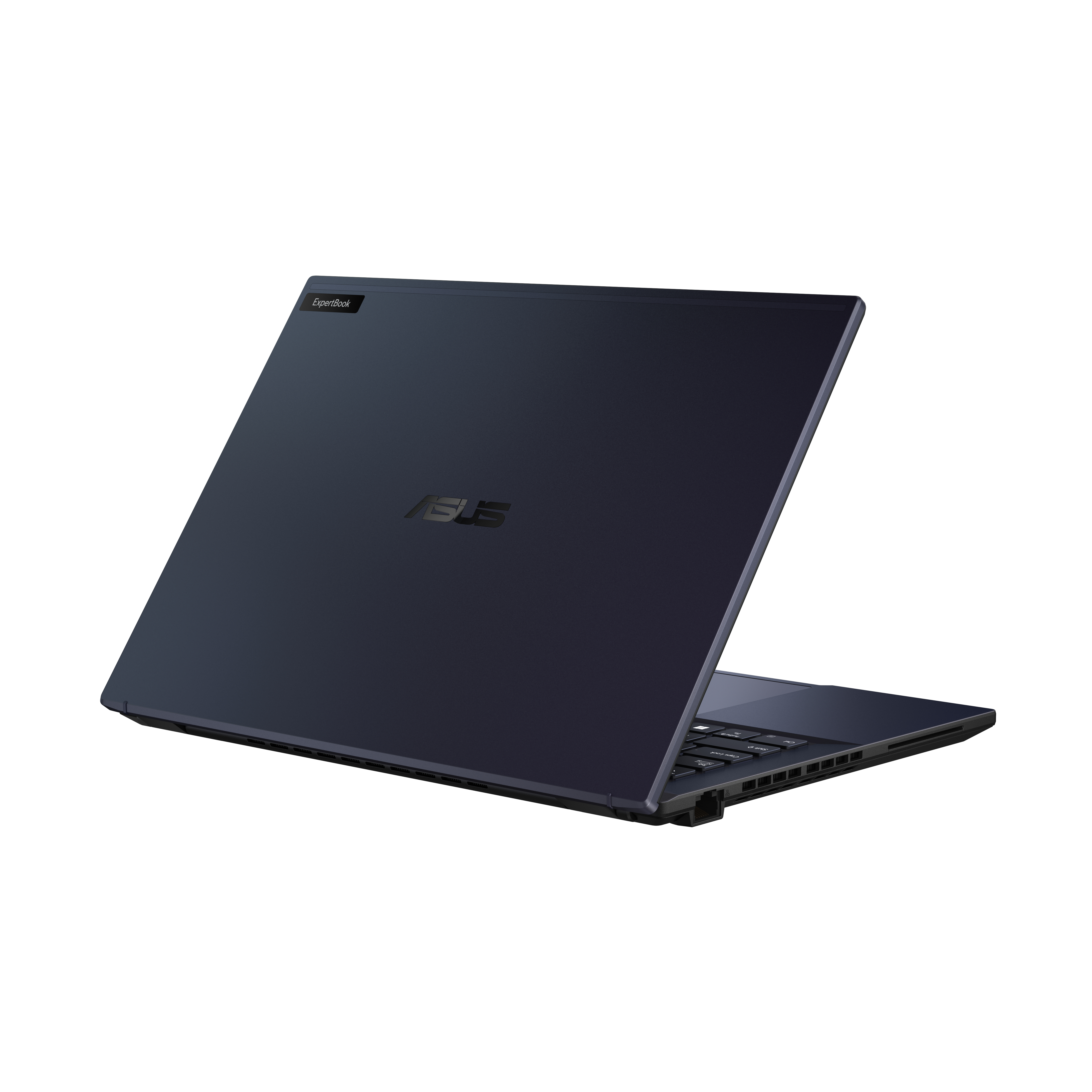 Laptop blu scuro con logo ASUS, aperto, lato posteriore visibile con piccolo schermo su tavolo bianco.