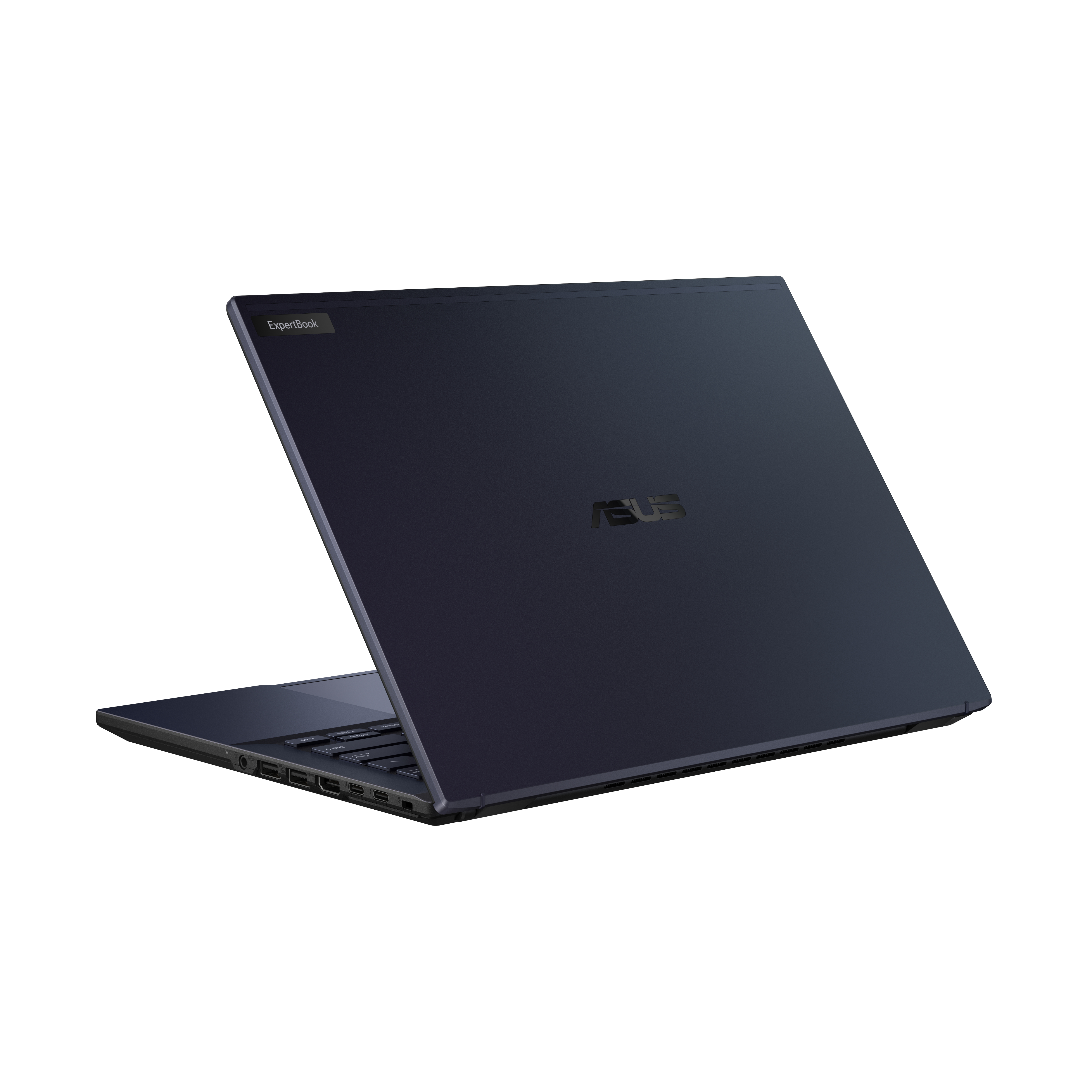 Laptop blu scuro chiuso, con logo ASUS sul retro.