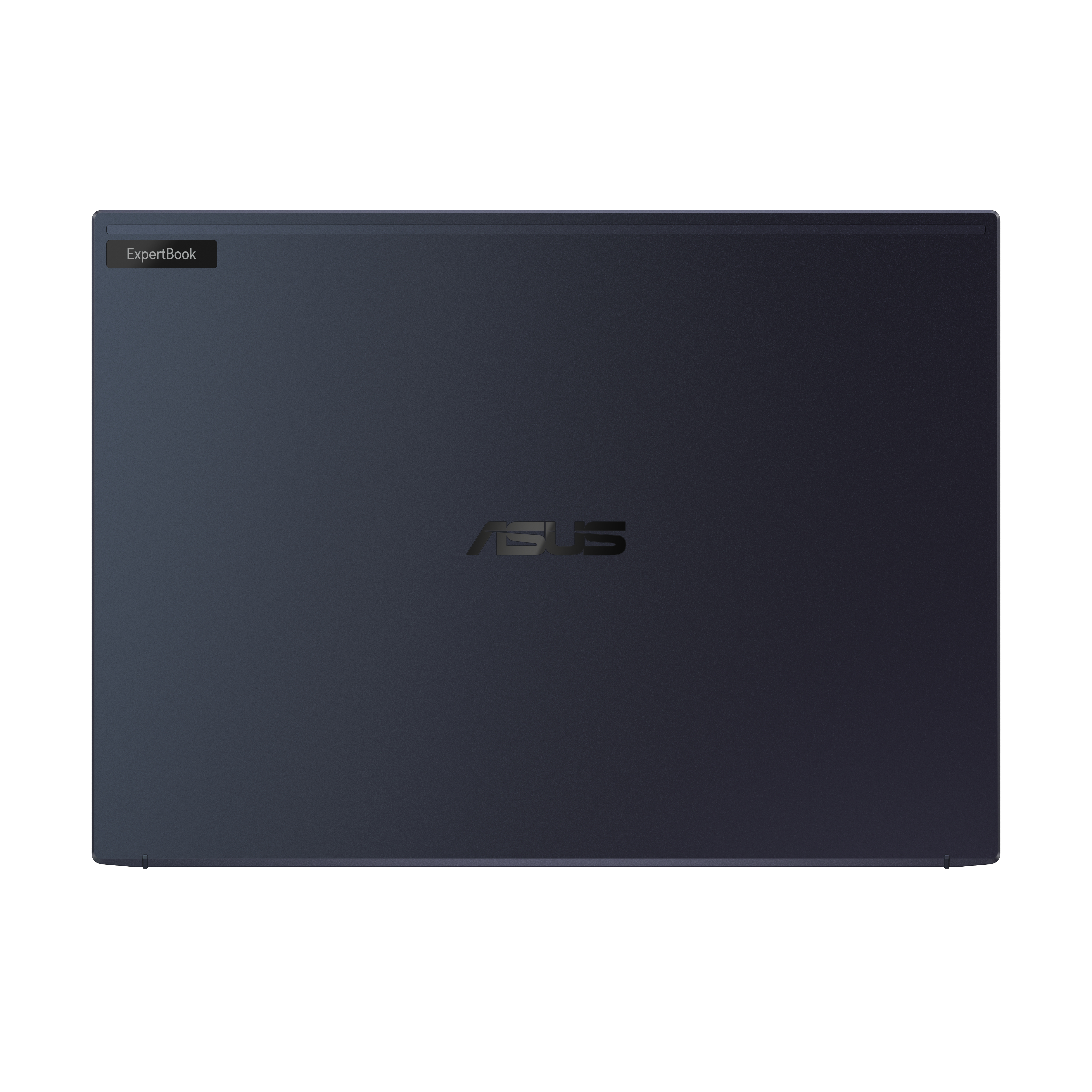 Laptop blu scuro, chiuso. Logo ASUS centrato. Etichetta 'ExpertBook' in alto a sinistra.