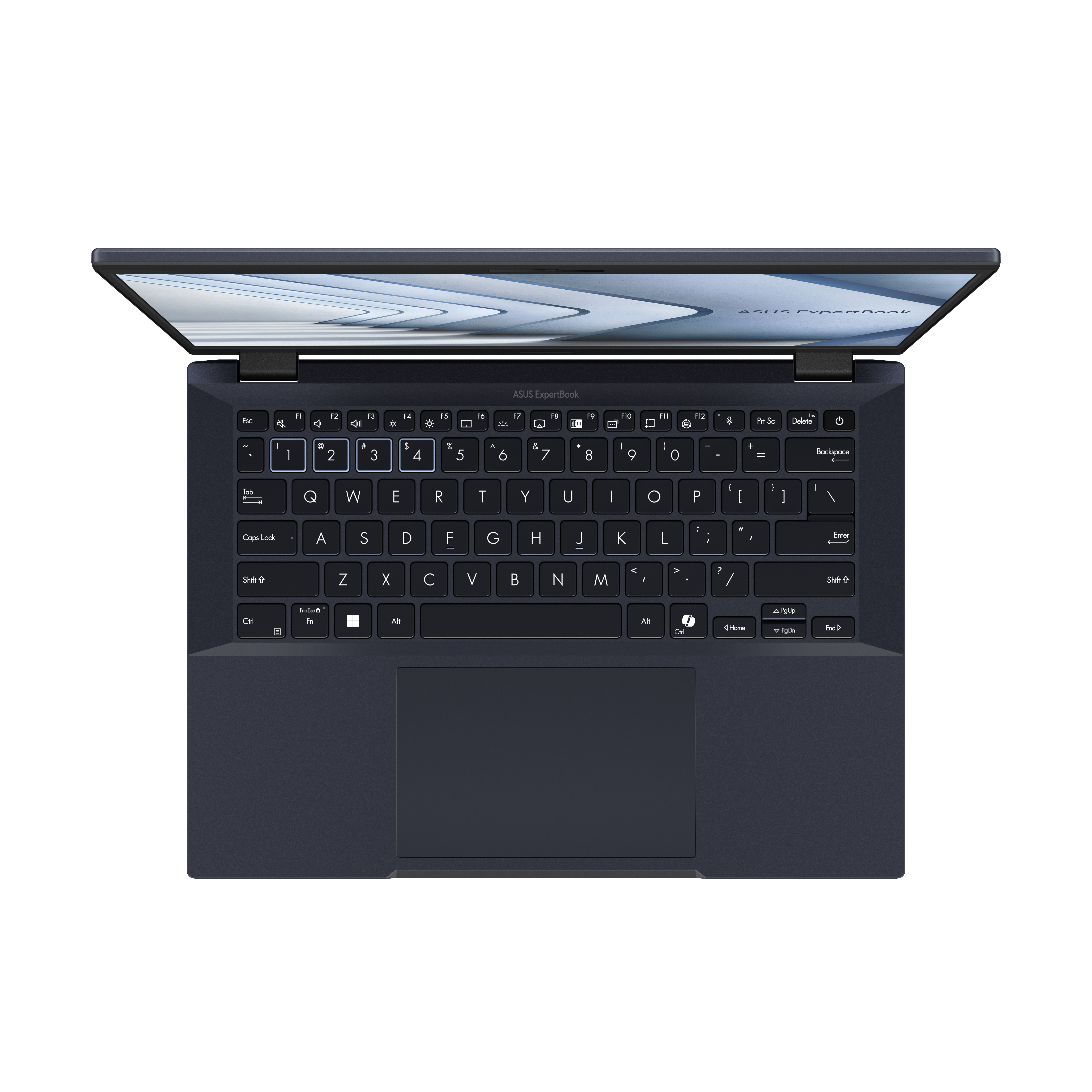 Laptop blu scuro, tastiera visibile. Lo schermo è aperto. Asus Expertbook. Sfondo bianco.
