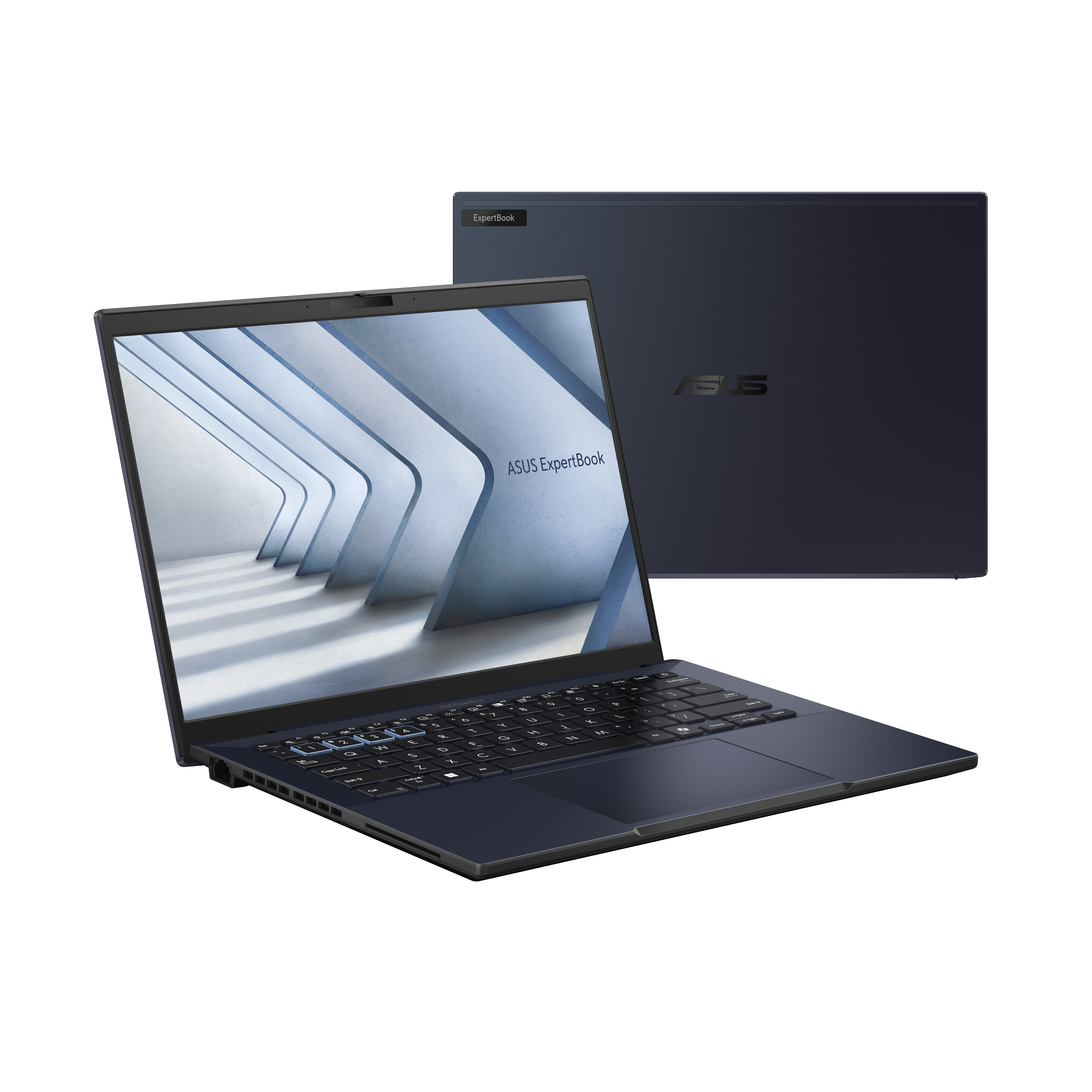 Laptop aperto su una superficie bianca. Lo schermo mostra un design astratto blu e bianco.