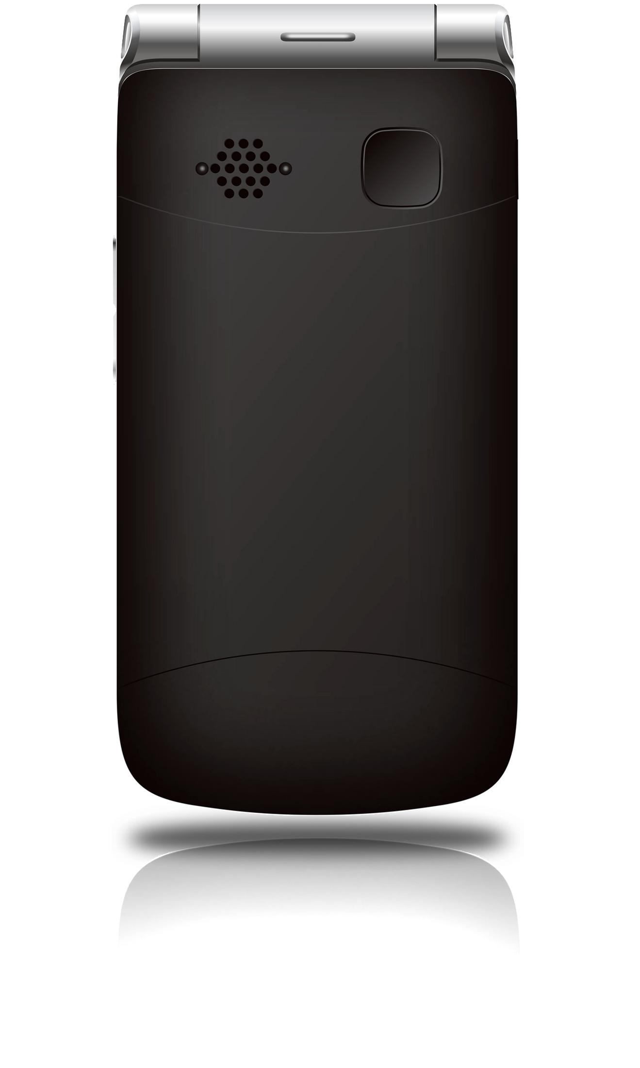 Un teléfono plegable negro. El teléfono está abierto y la pantalla es visible.
