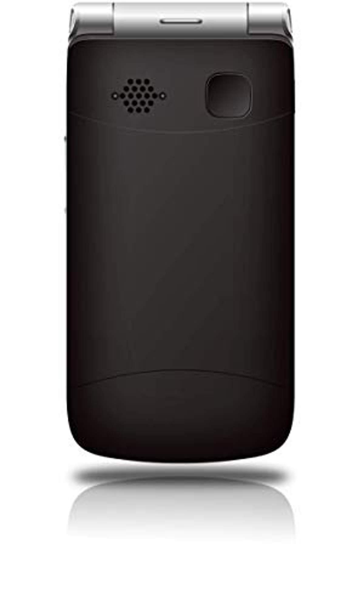 Teléfono plegable negro, vista trasera. Con altavoz, lente de cámara y botón brillante.