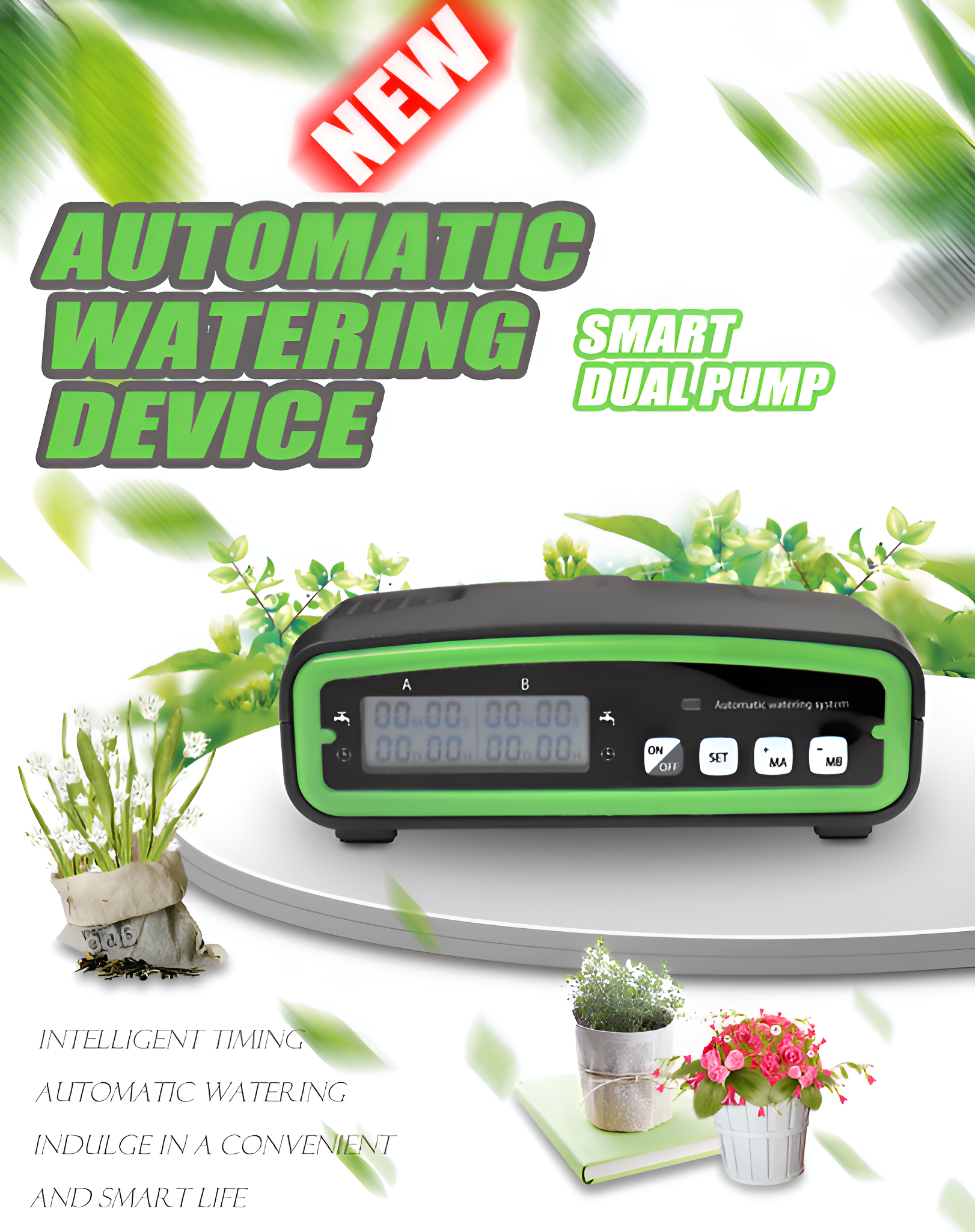 Ein automatisches Bewässerungsgerät mit grünem und schwarzem Design. Text auf dem Poster beschreibt das Produkt.