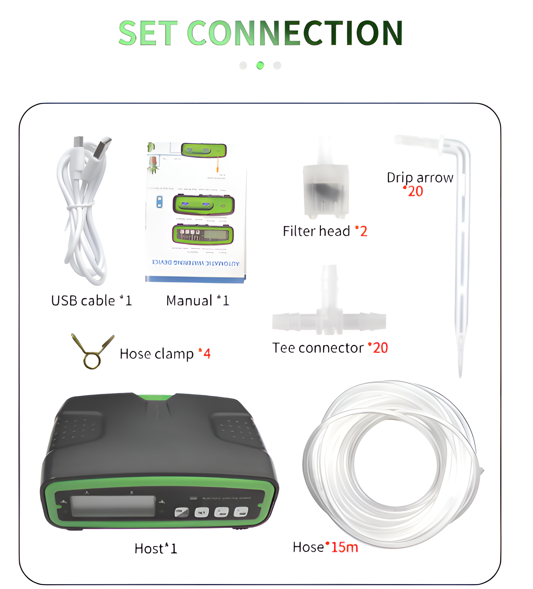 Set-Verbindungskomponenten: USB-Kabel, Handbuch, Schlauchschelle, T-Stecker, Schlauch, Filterkopf und Tropfpfeil.