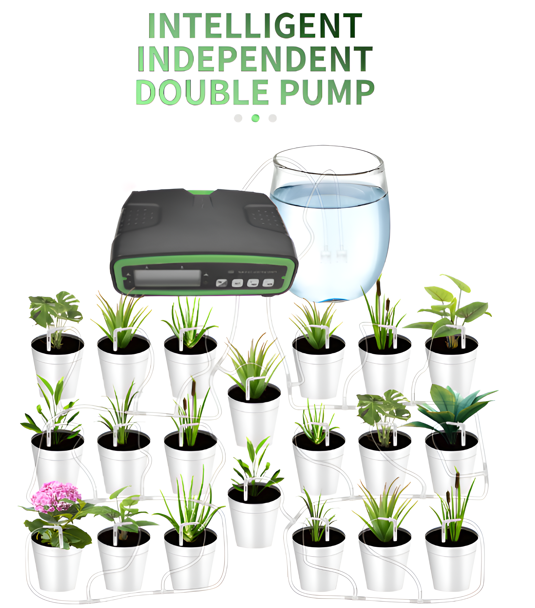 Ein Bewässerungssystem mit Pflanzen in weißen Töpfen, mit Text: Intelligent Independent Double Pump.