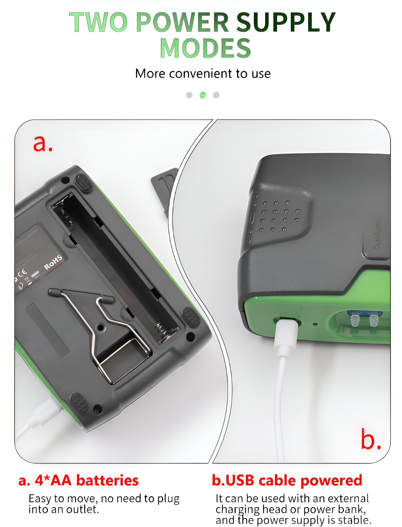 Zwei Bilder, die ein grünes und graues Gerät zeigen, das mit 4 AA-Batterien oder einem USB-Kabel betrieben wird.