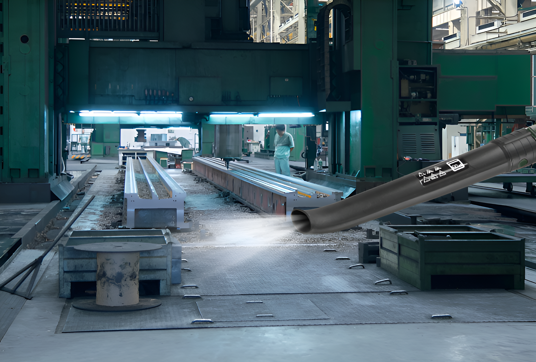 Eine Industrieumgebung mit einer großen Maschine. Eine Person in weißer Kleidung befindet sich im Hintergrund.