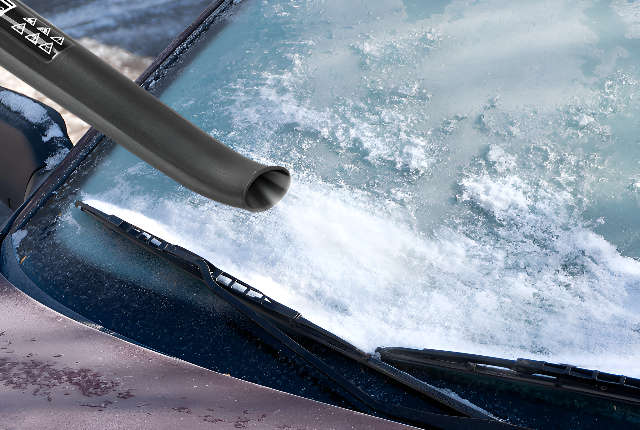 Schwarze Düse entfernt Eis von der Windschutzscheibe eines Autos. Scheibenwischer sind unten. Schnee bedeckt das Auto.
