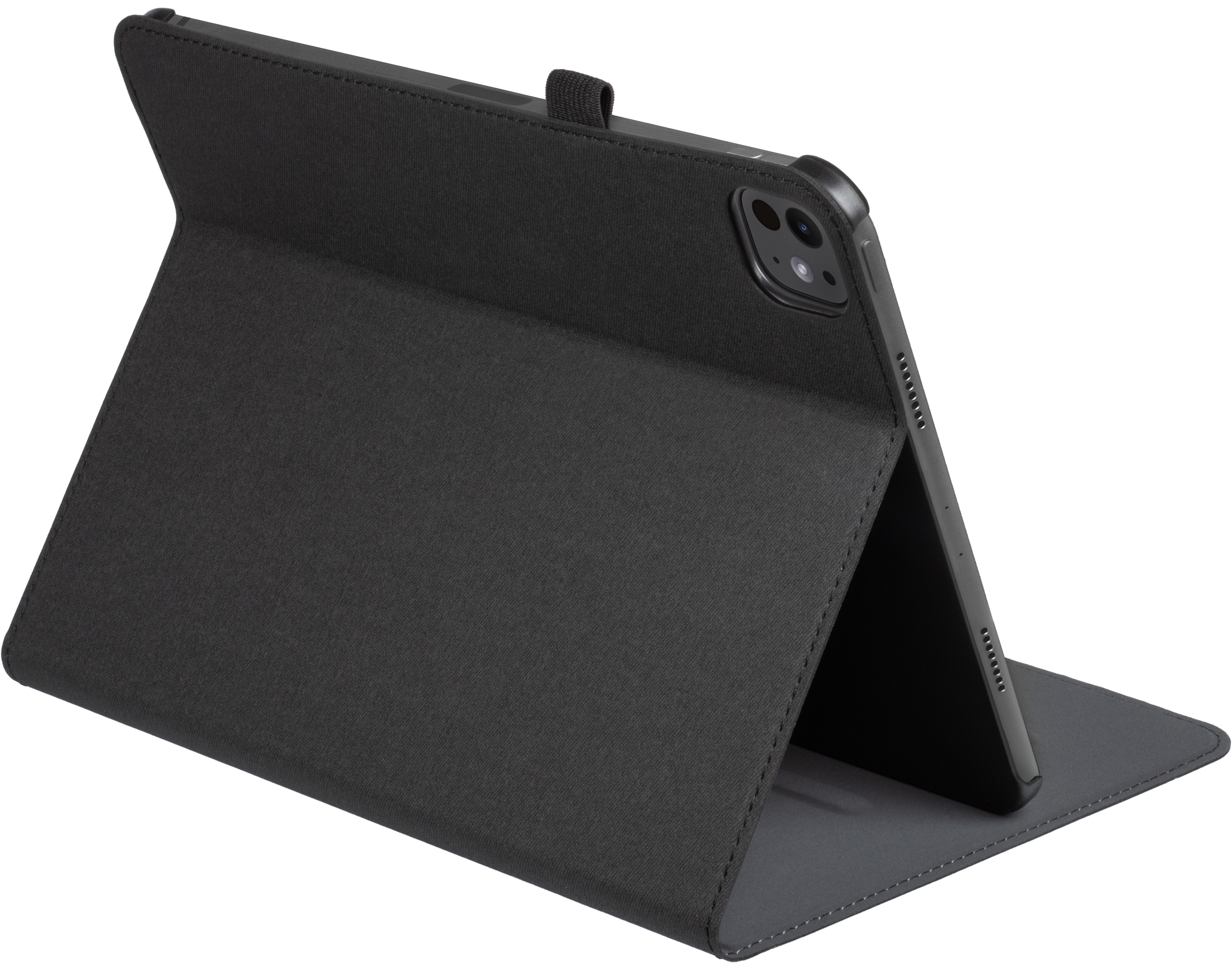 Black tablet case supporting a tablet.