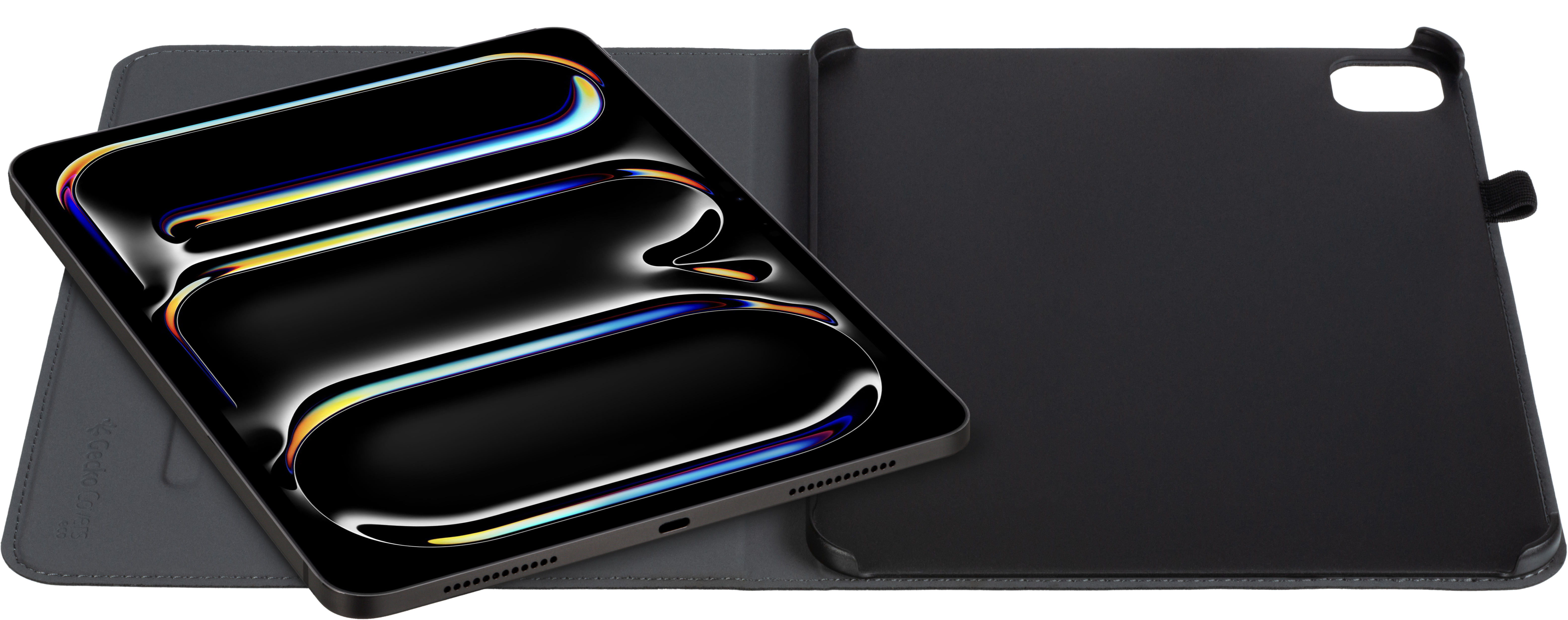 Tablet in open black case, showing colorful display against a grey interior and black background.