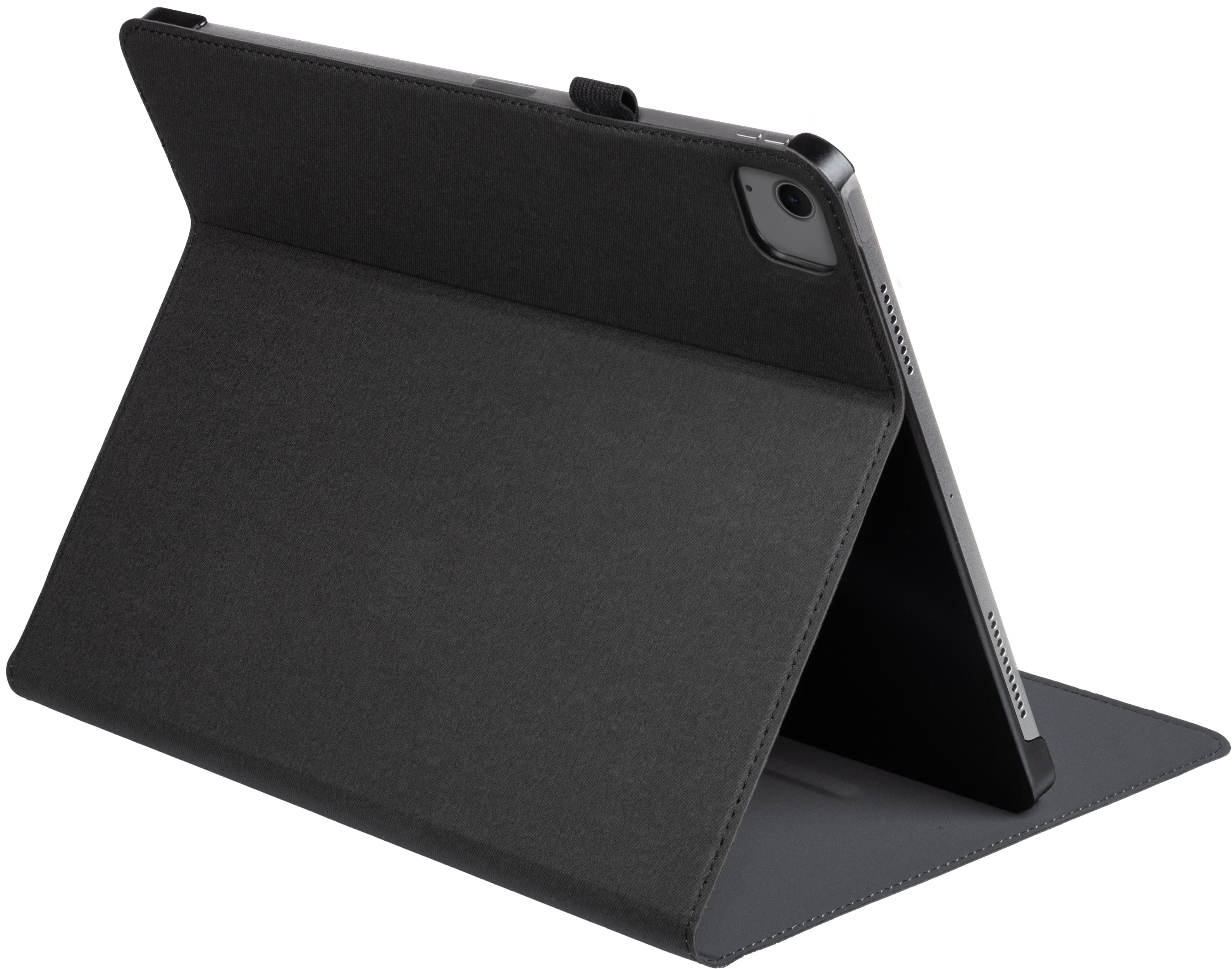 Tablette dans un étui noir, ouverte, montrant un affichage coloré sur un intérieur gris.