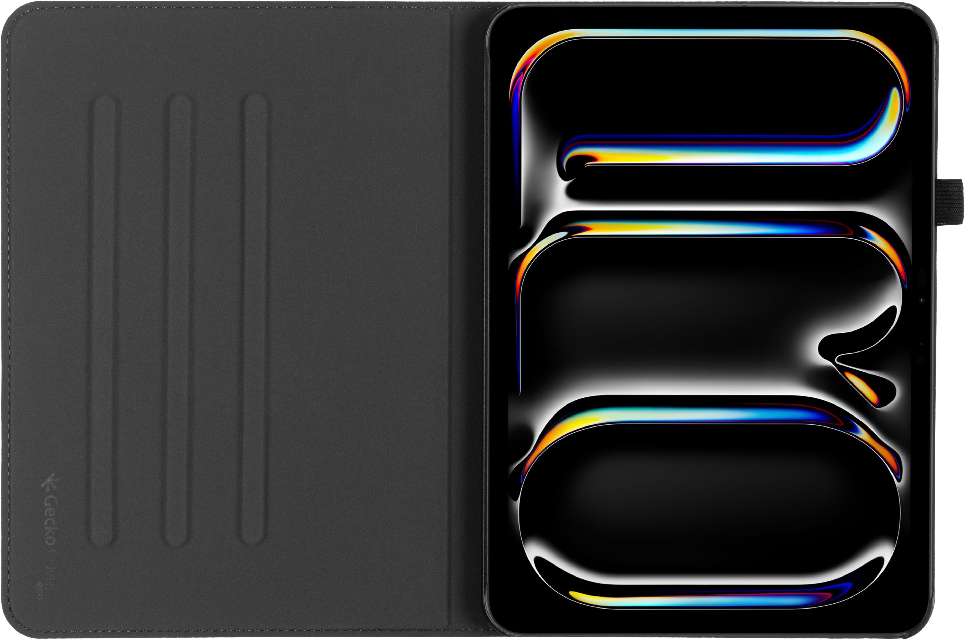 Tablet in open black case. Screen shows glowing abstract design in dark background.
