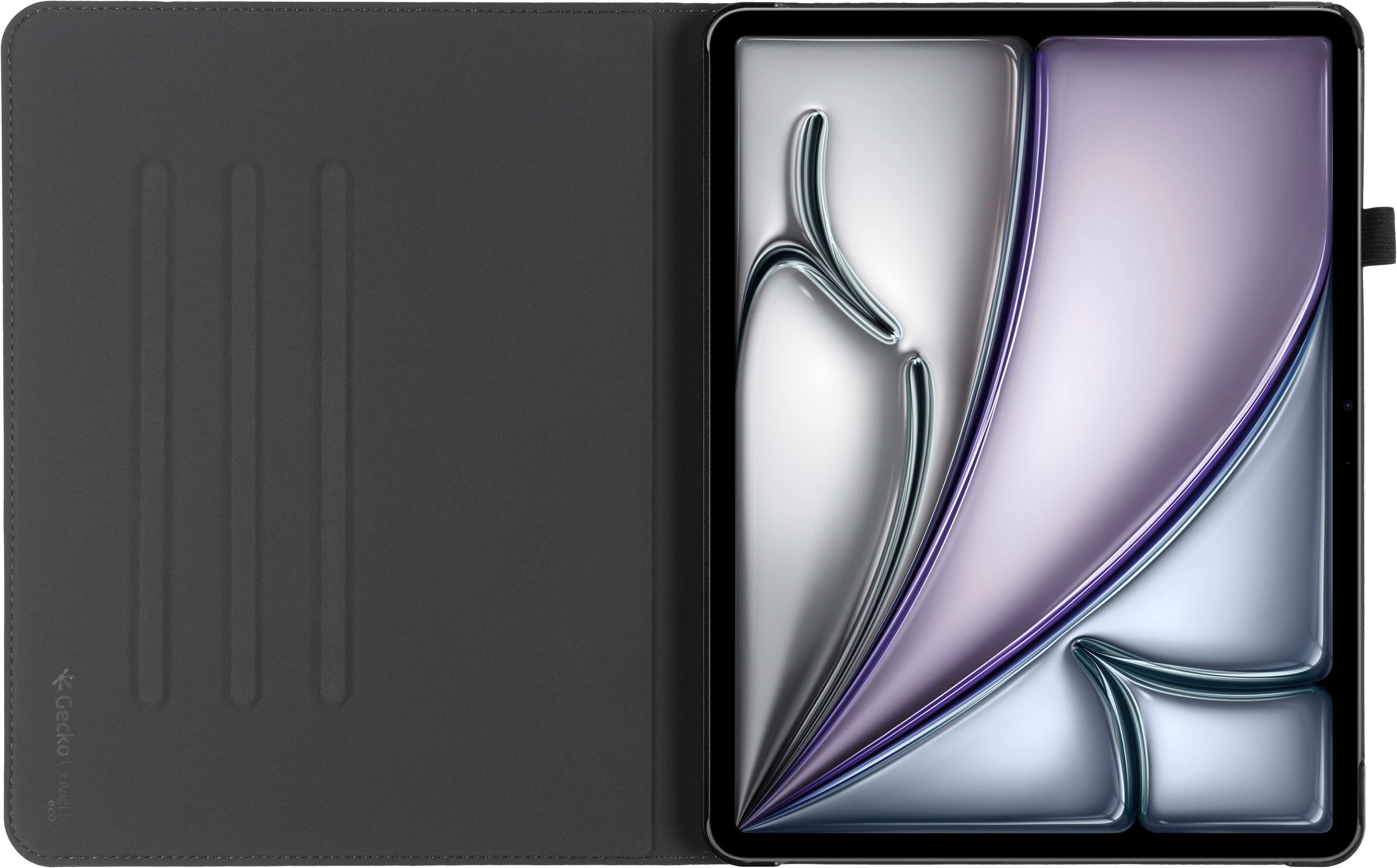 Tablette dans un étui noir ouvert. L'écran affiche un design abstrait argenté et violet.
