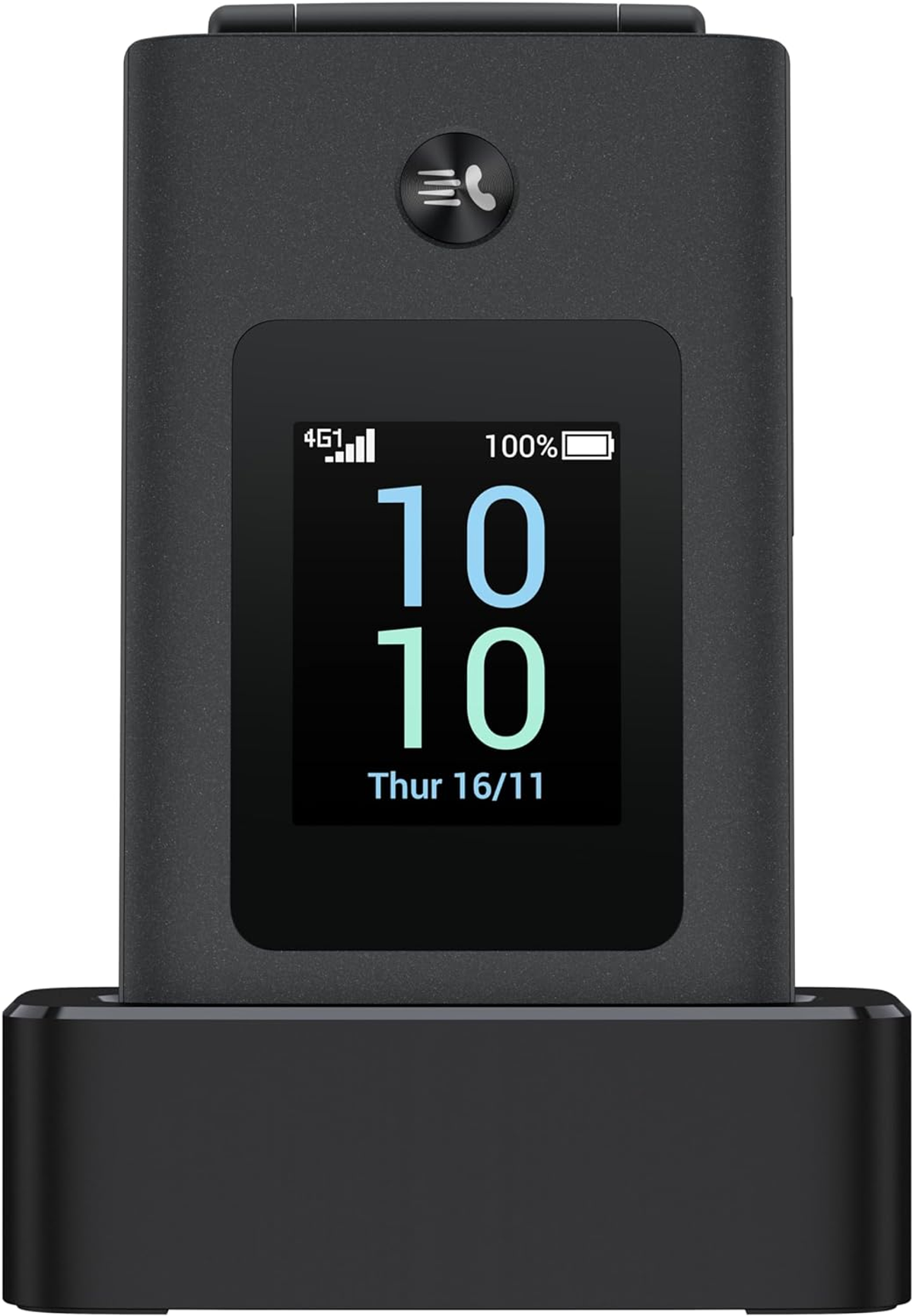 Czarny telefon z klapką z ekranem wyświetlającym godzinę i datę, spoczywający na czarnej podstawie.