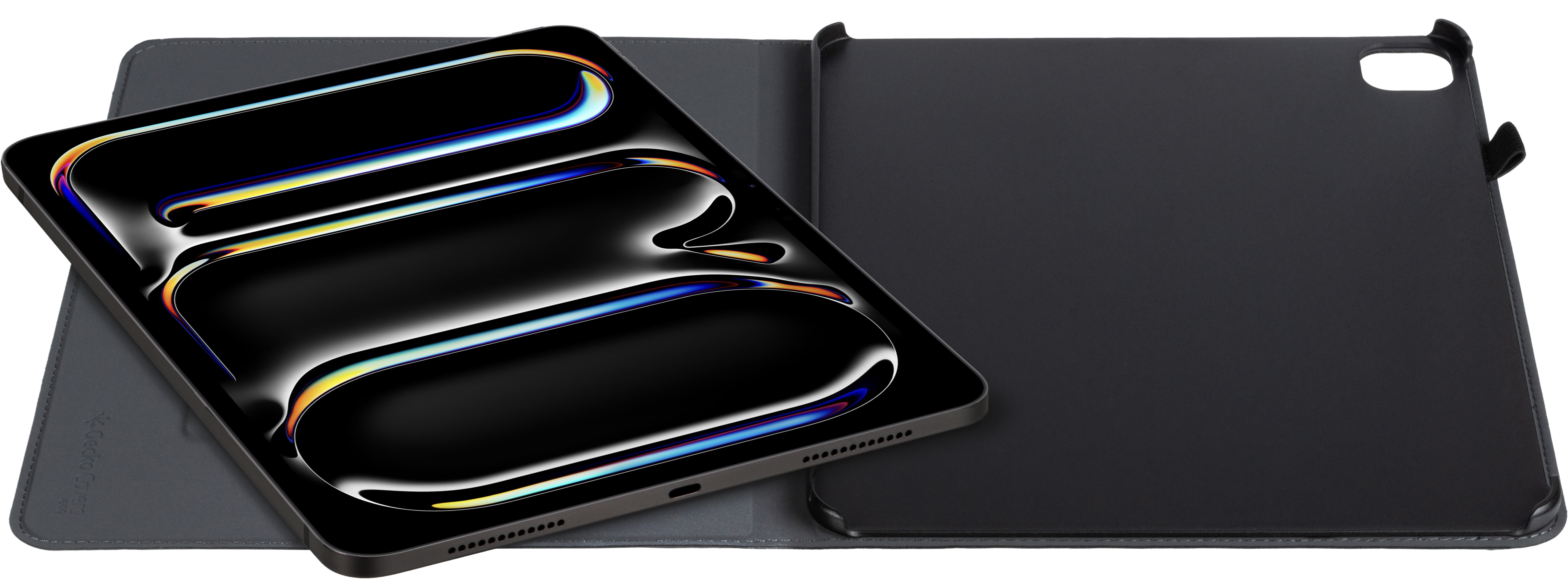 Tablette dans un étui noir ouvert, écran avec design lumineux, fond noir.