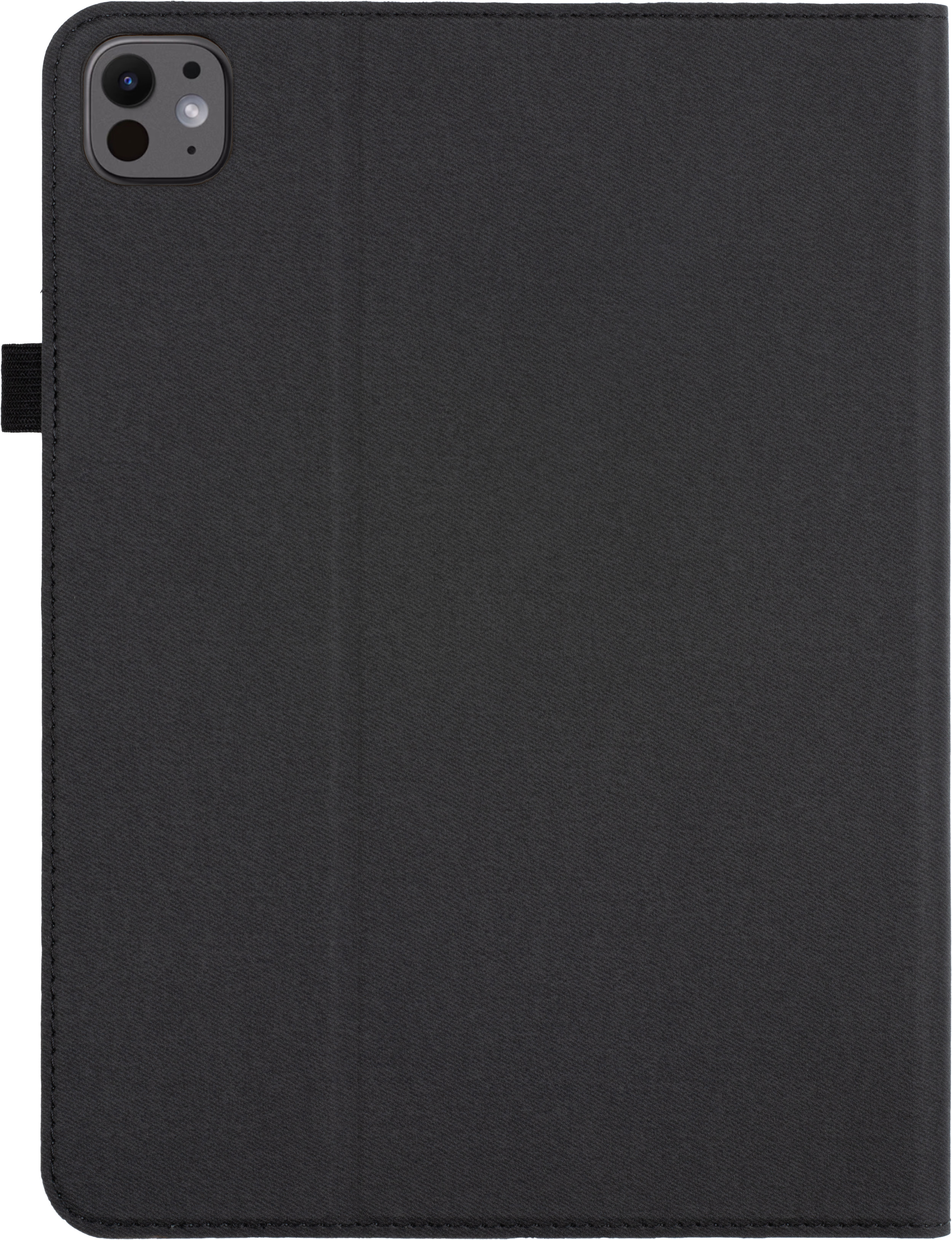 Black tablet case, closed. Camera module at the top left corner. Background white.