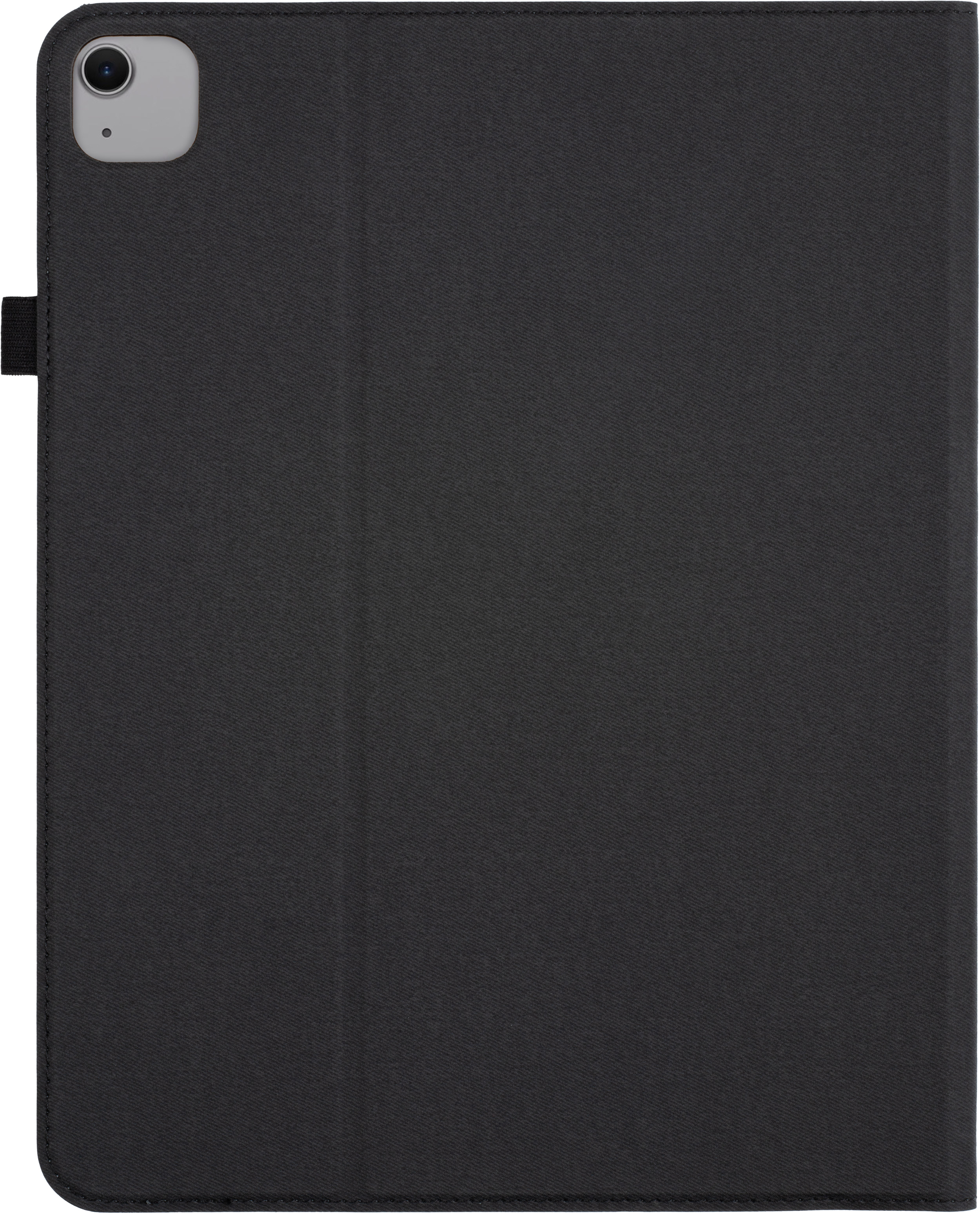 Étui de tablette noir, fermé. Module caméra en haut à gauche. Fond blanc.