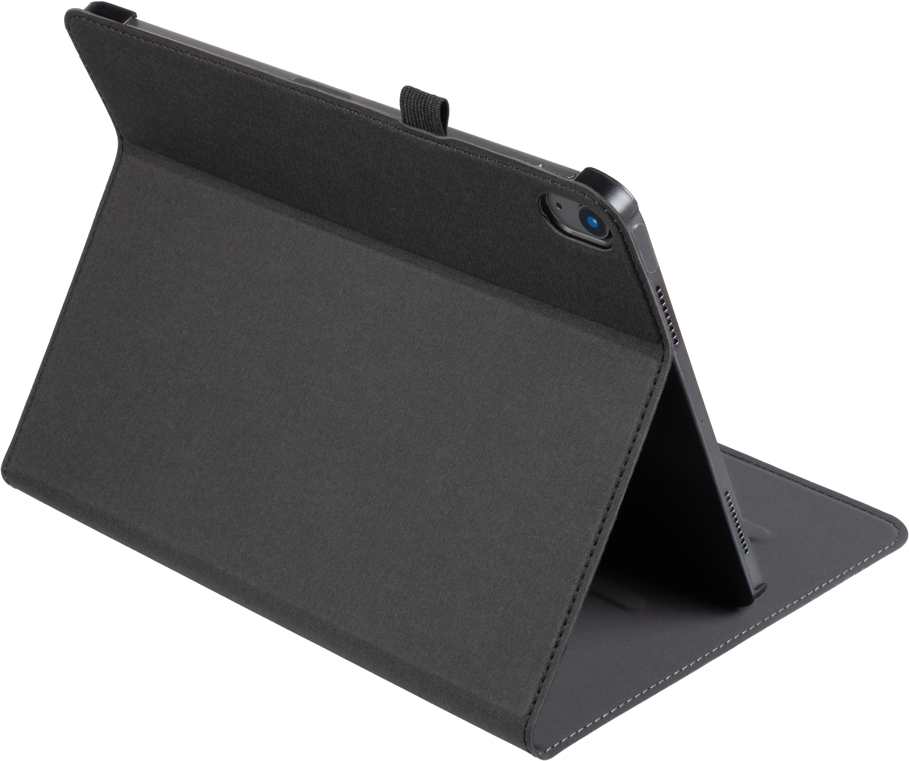 Tablet in custodia, aperto. Schermo rivolto verso l'alto. Custodia sollevata. Sfondo bianco.