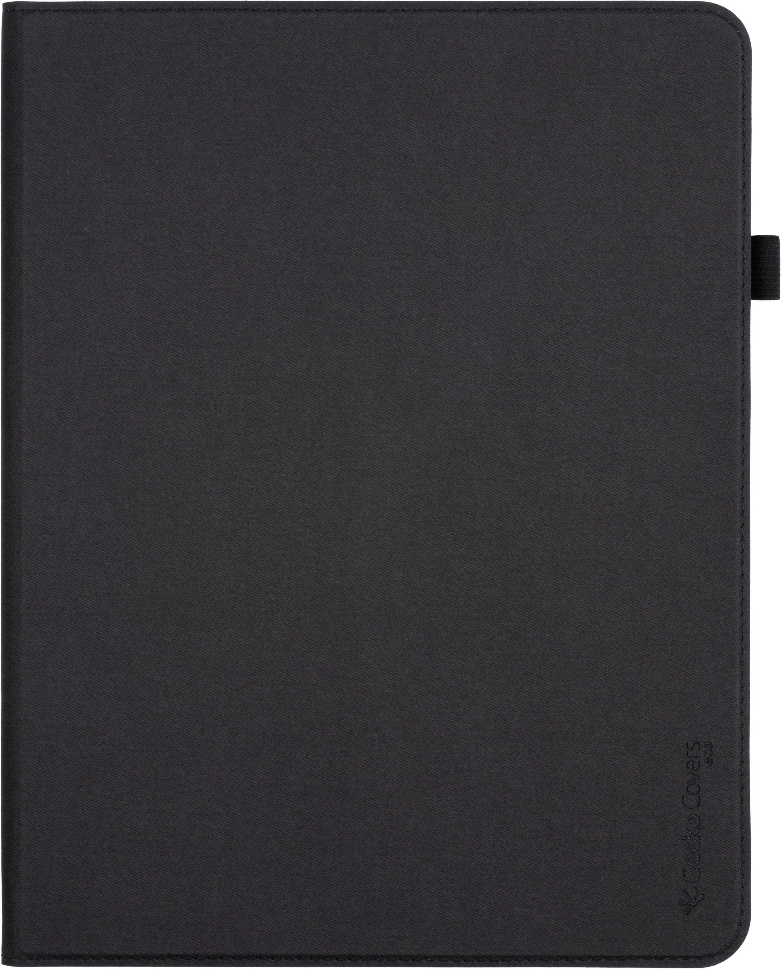 Étui de tablette noir, fermé. Logo Gecko Covers en bas à droite. Fond blanc.