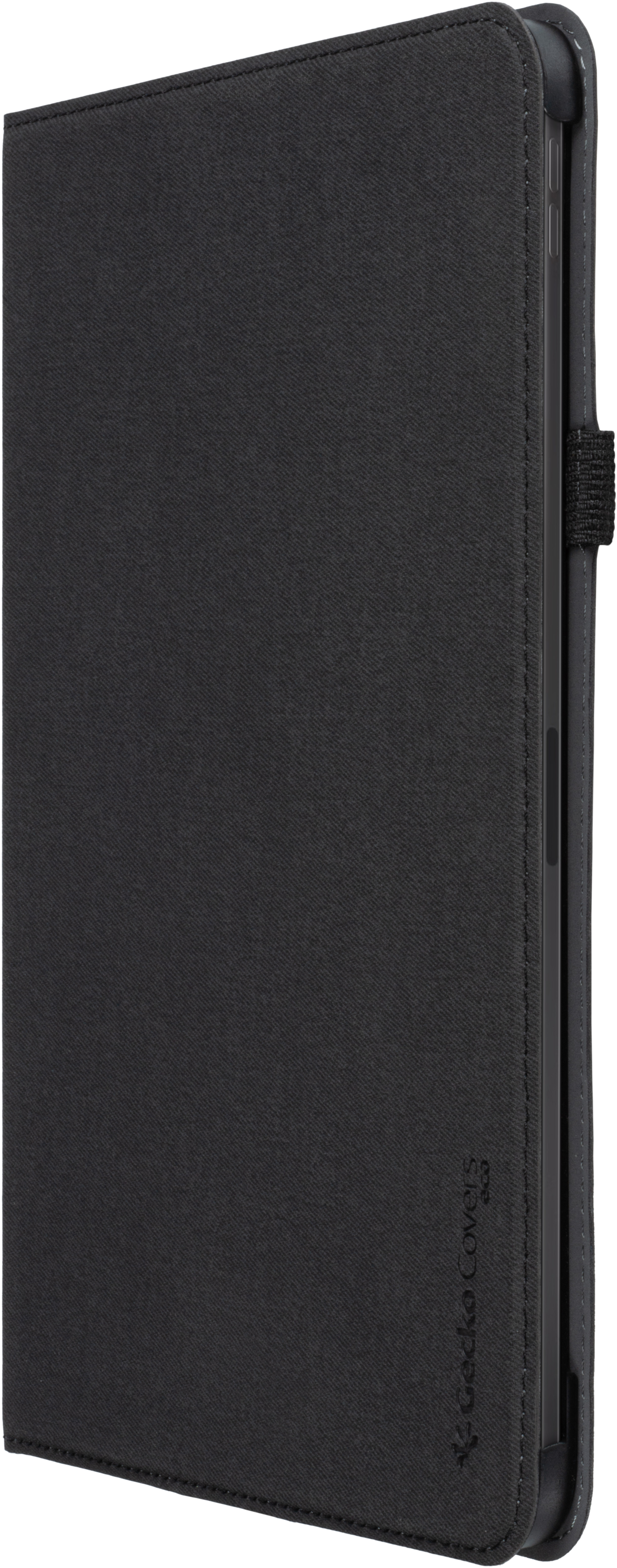 Tablet in black case, side view, Gecko Covers logo.
