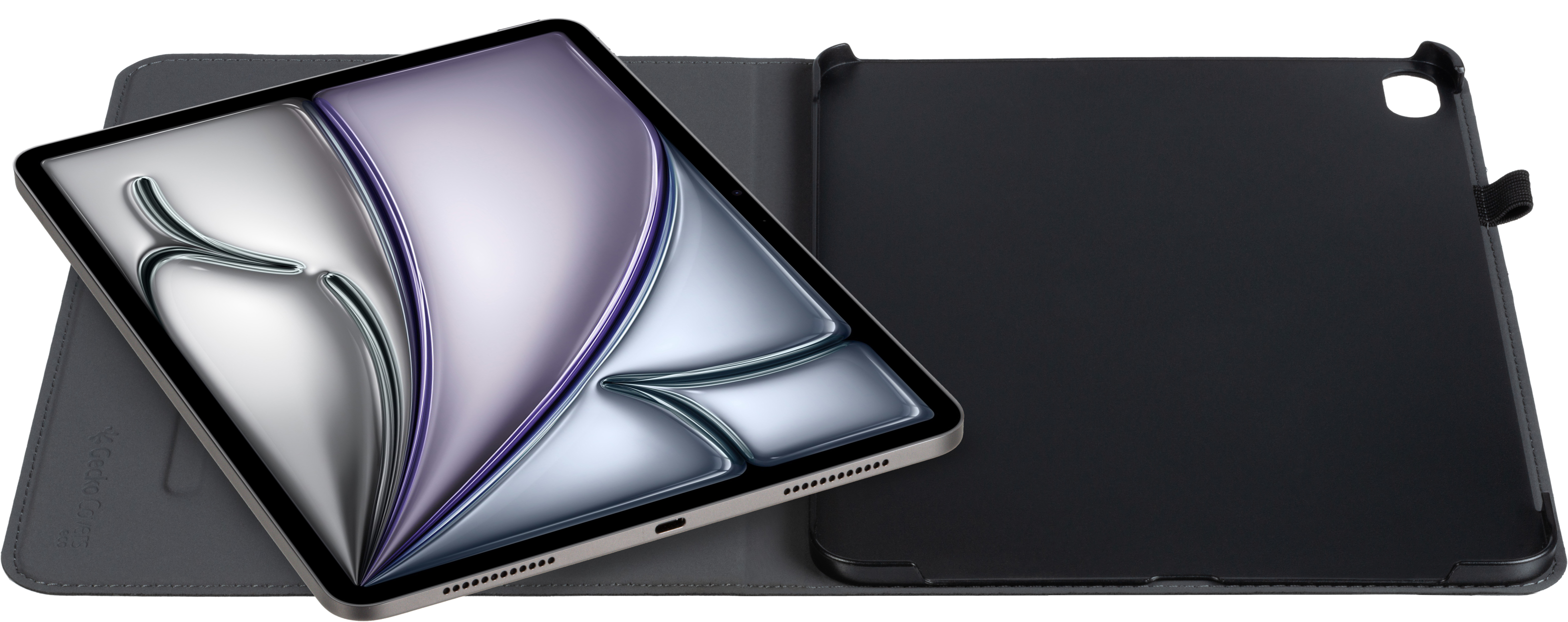 Tablet in custodia nera aperta, schermo con design argento e viola, logo Gecko Covers.
