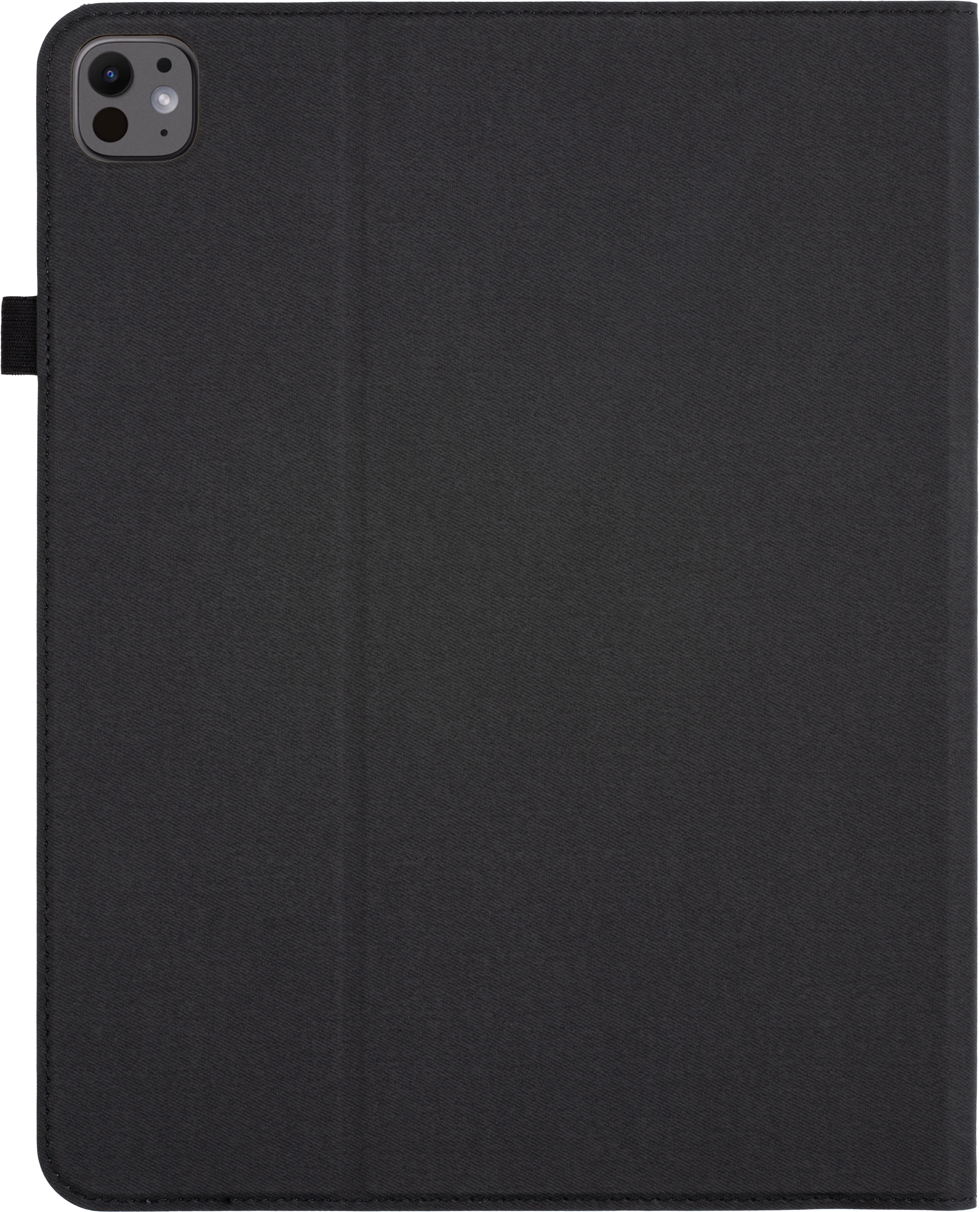 Étui de tablette noir fermé. Surface texturée gris foncé. Sangle noire à droite.
