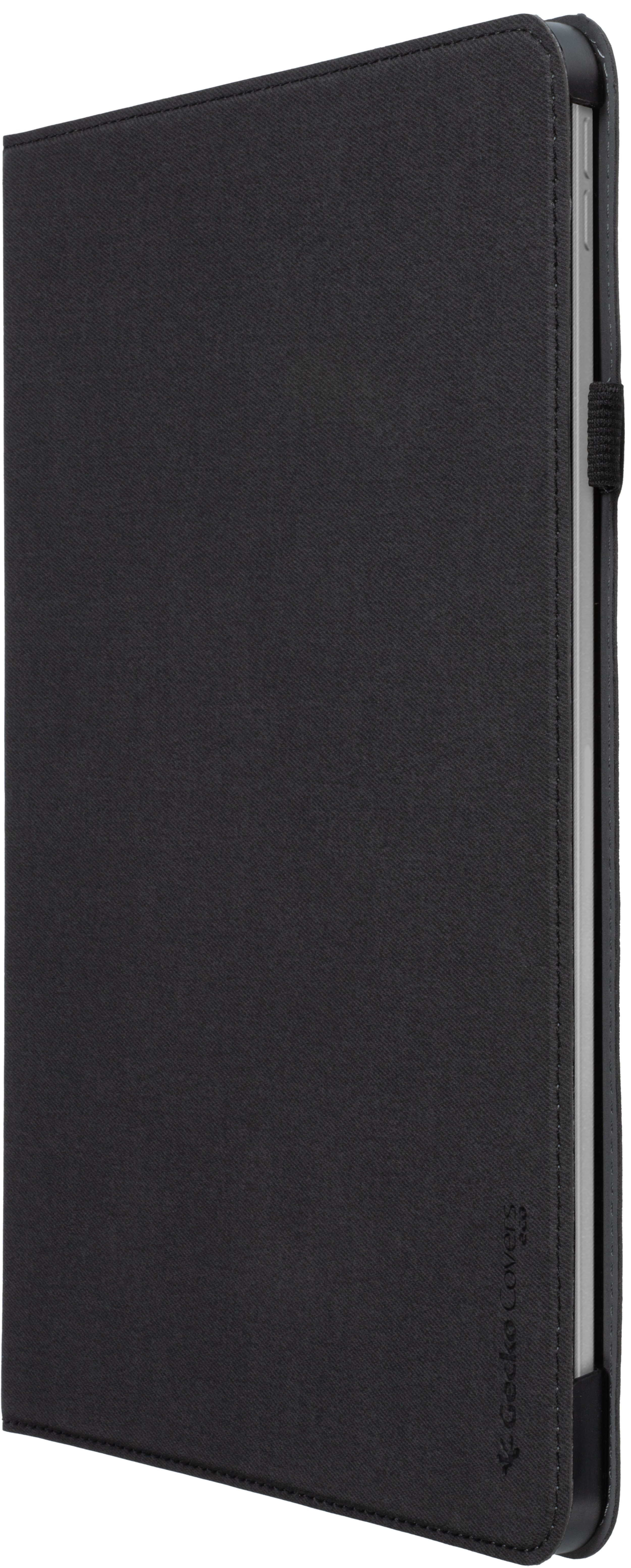 Étui de tablette noir, vue latérale, logo Gecko Covers.
