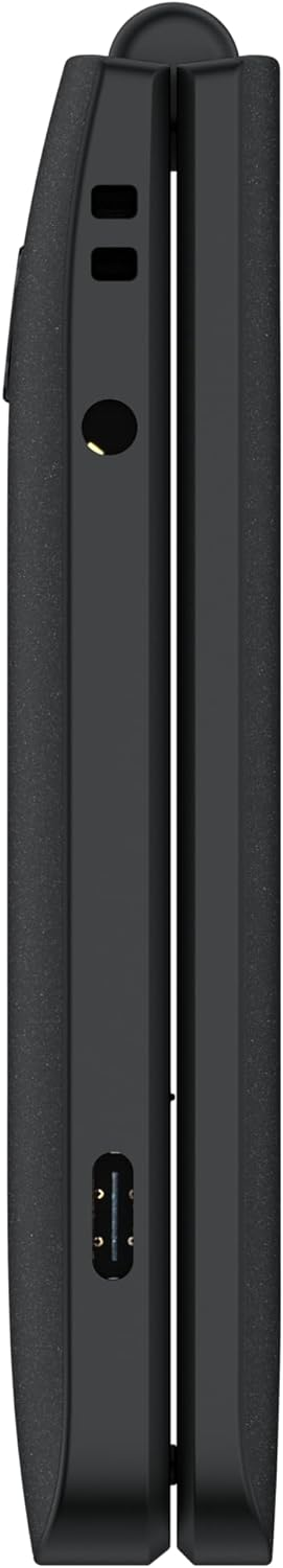 Widok z boku czarnego, złożonego urządzenia. Ma teksturowaną lewą stronę, gładką prawą stronę i kilka otworów.