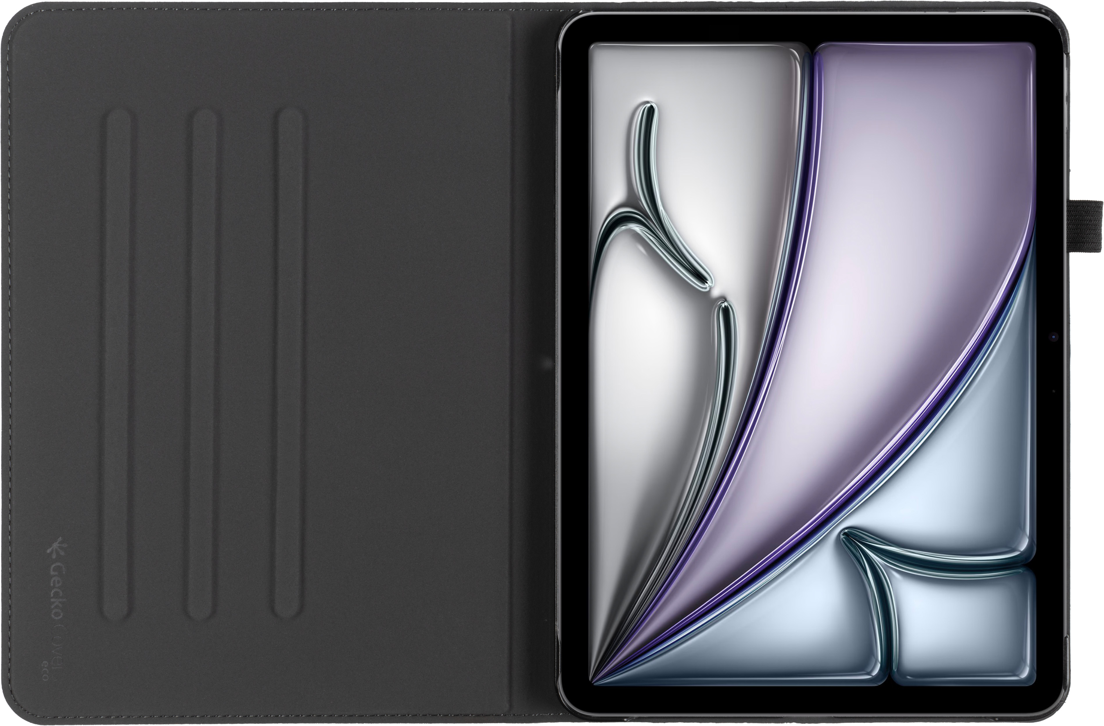 Tablet aperto in custodia grigio scuro. Schermo mostra design astratto argento, viola e blu.