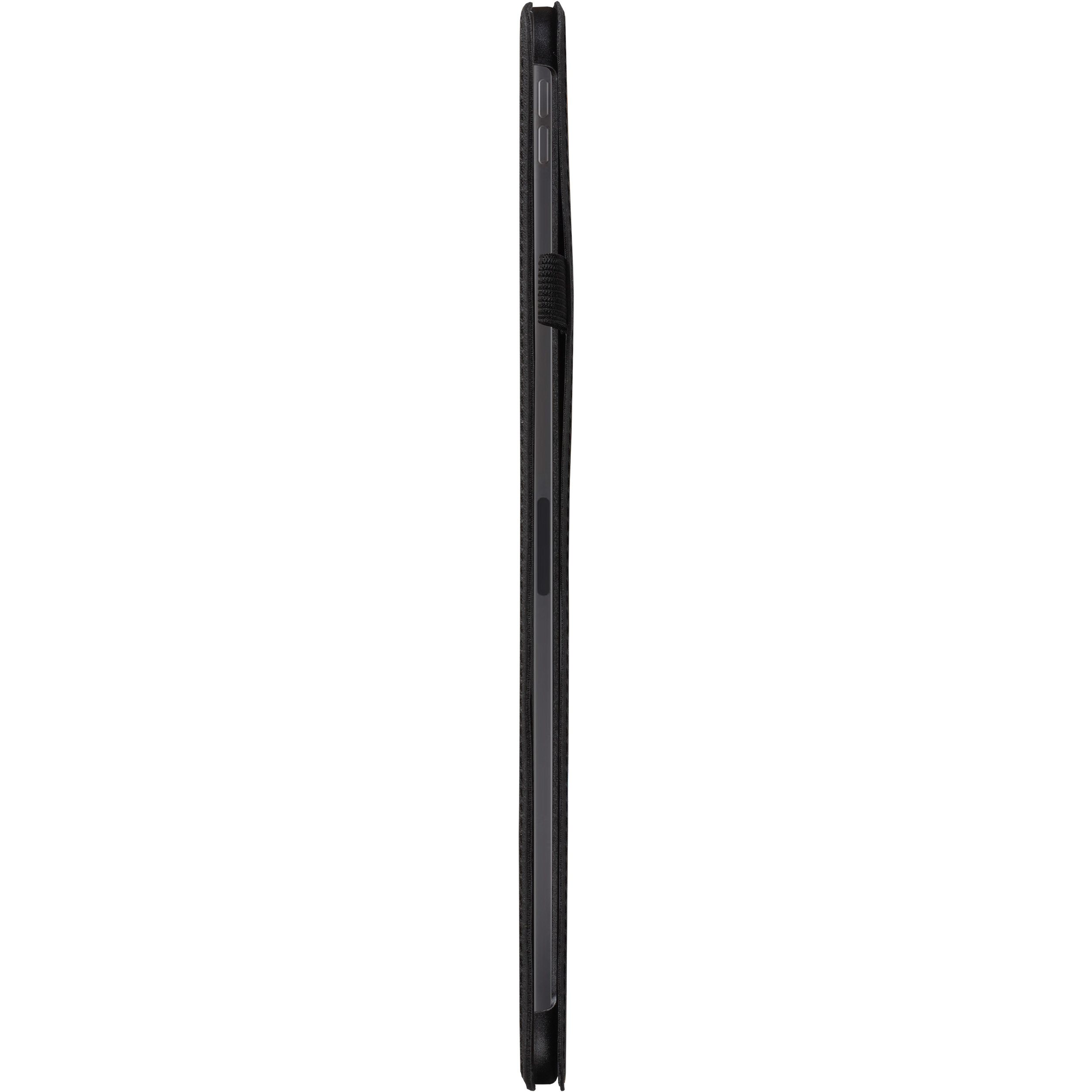 Étui de tablette, fermé. Vue latérale. Noir. Bande élastique visible. Fond blanc.