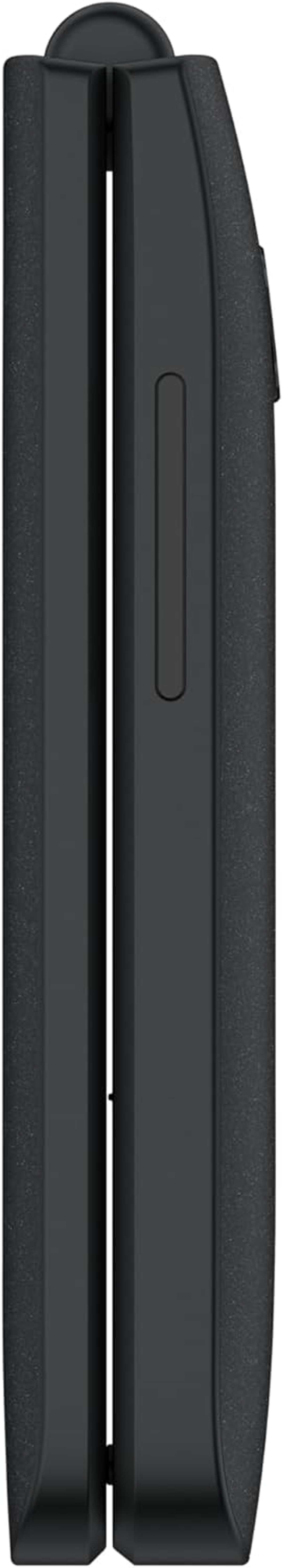 Czarny telefon z klapką jest pokazany z boku. Telefon jest zamknięty. Z boku znajduje się przycisk.