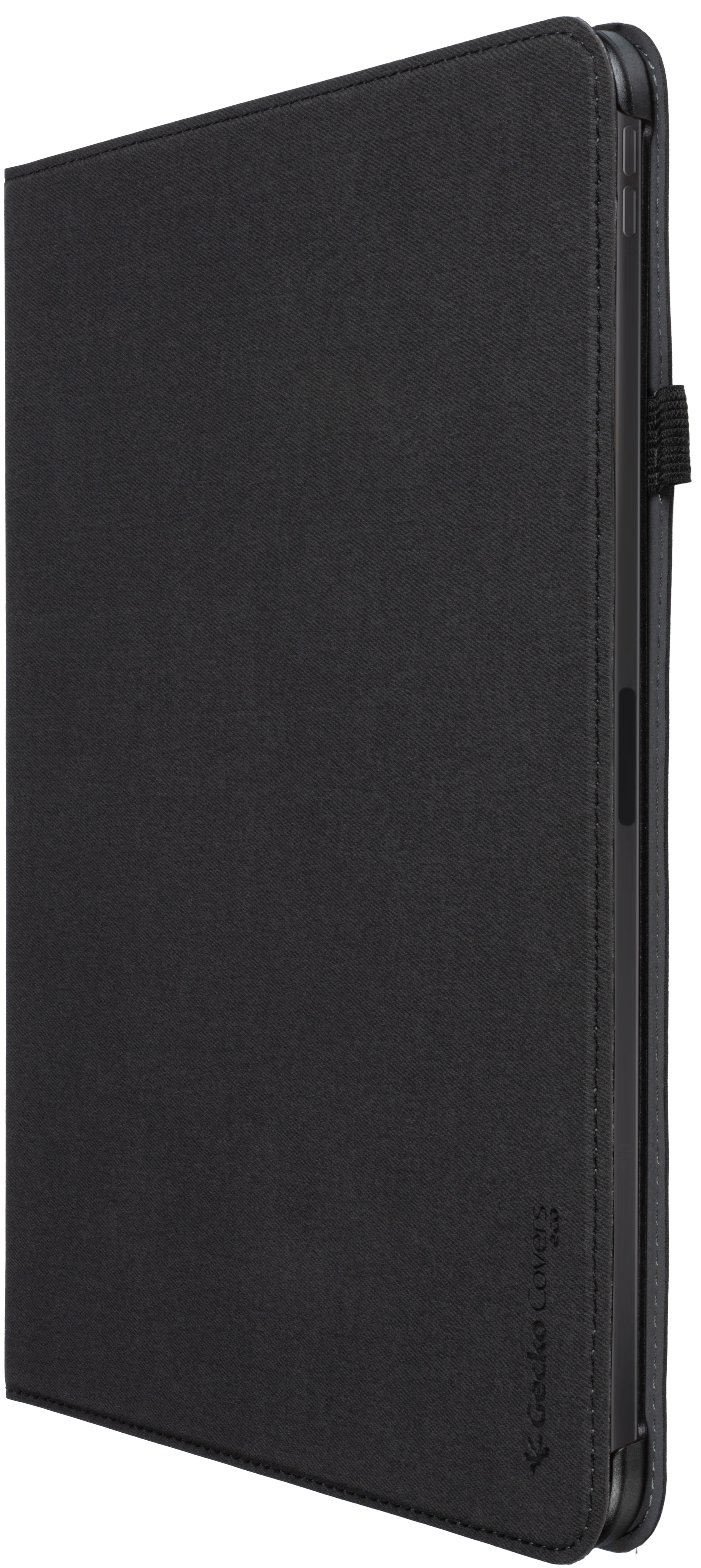 Coque de tablette noire, vue latérale, logo Gecko Covers.