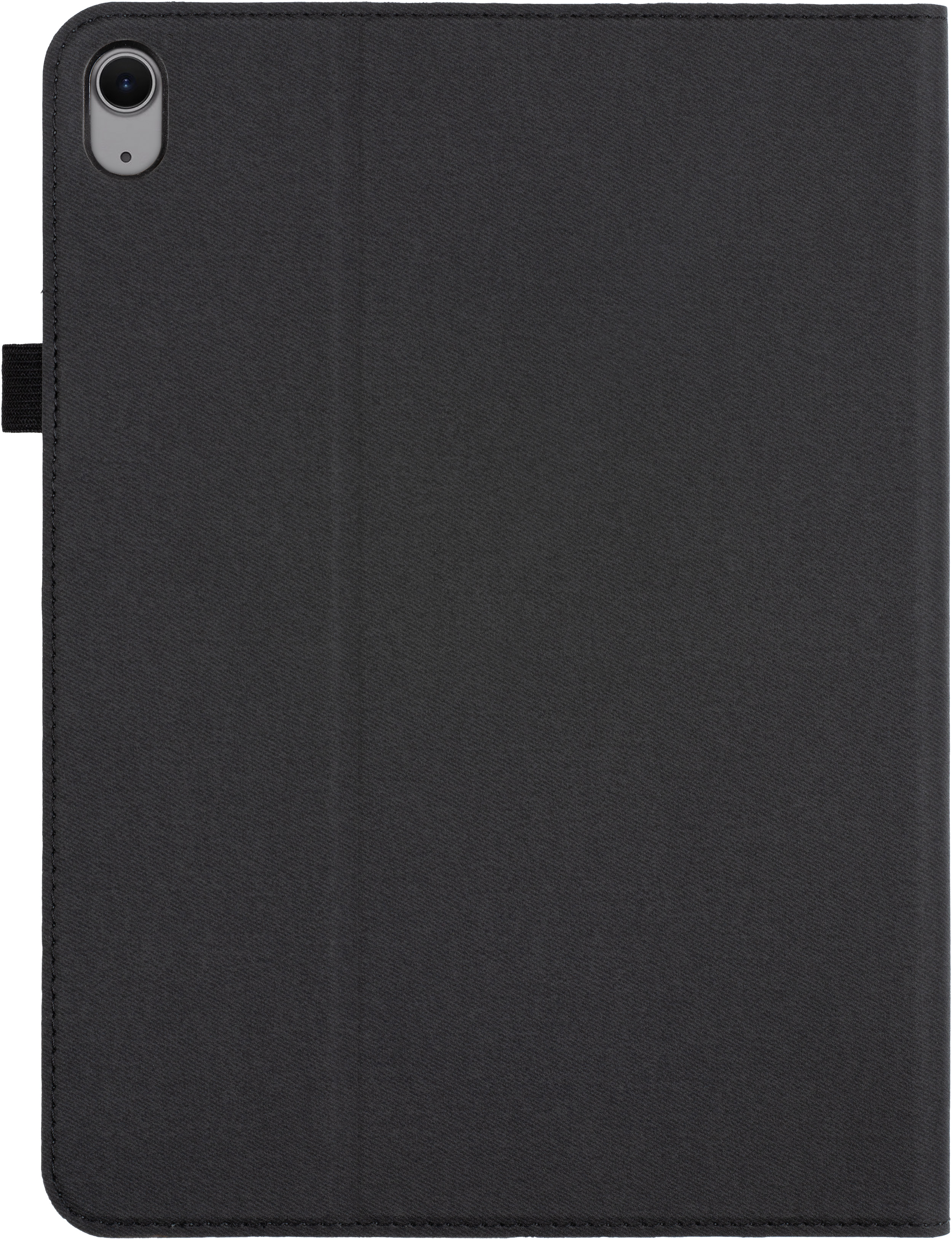 Custodia per tablet nera, chiusa. Modulo fotocamera nell'angolo in alto a sinistra. Sfondo bianco.